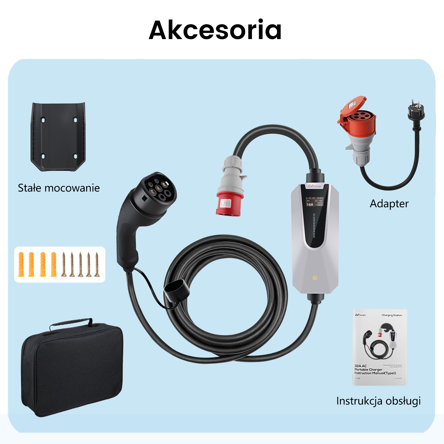 Akcesoria do ładowania pojazdów elektrycznych, w tym kabel ładujący.