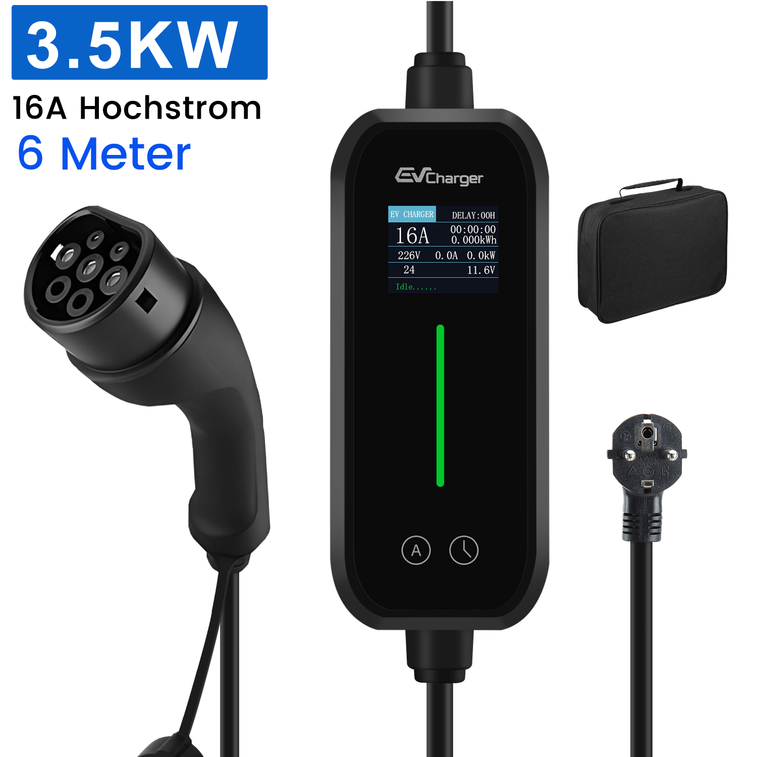 Ładowarka EV z kablem, wyświetlaczem i akcesoriami, w tym etui.