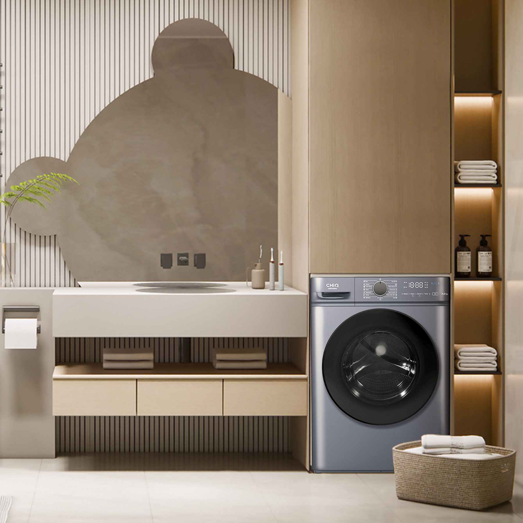 Modernes Badezimmer mit Waschmaschine, Spiegel und Regalen mit Handtüchern.