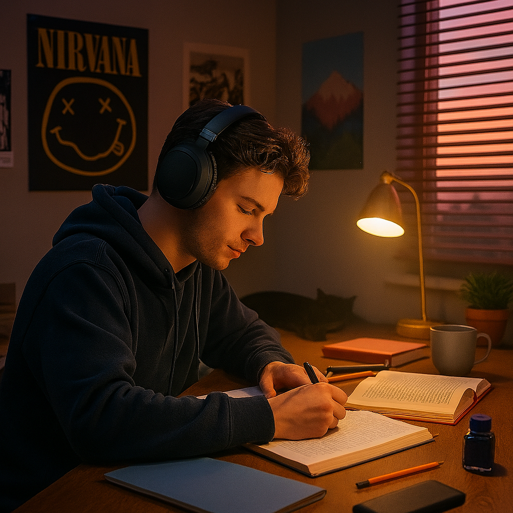 Een man met een koptelefoon schrijft in een notitieboek op een bureau met boeken en een lamp.