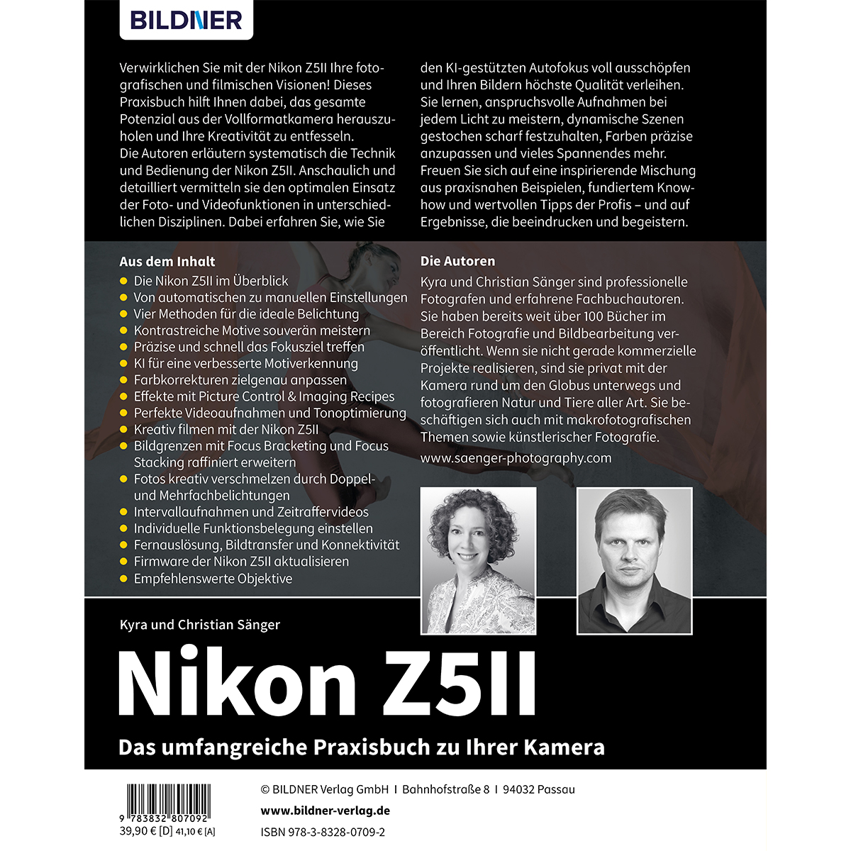 Buchcover für Nikon Z5II, mit Text, Fotos der Autoren und der Nikon Z5II Kamera.