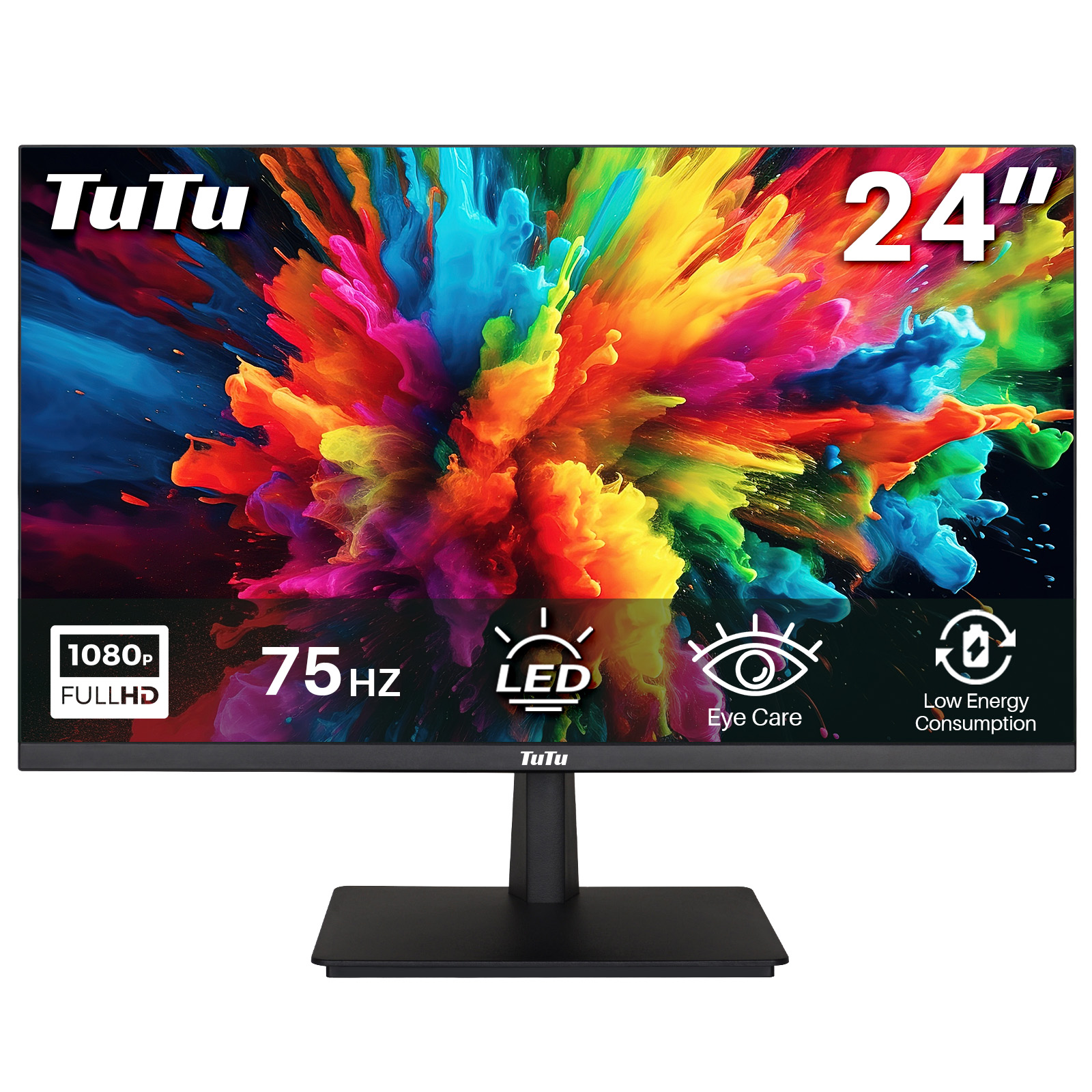 24-inch computermonitor met een kleurrijk splash-scherm en pictogrammen voor functies.