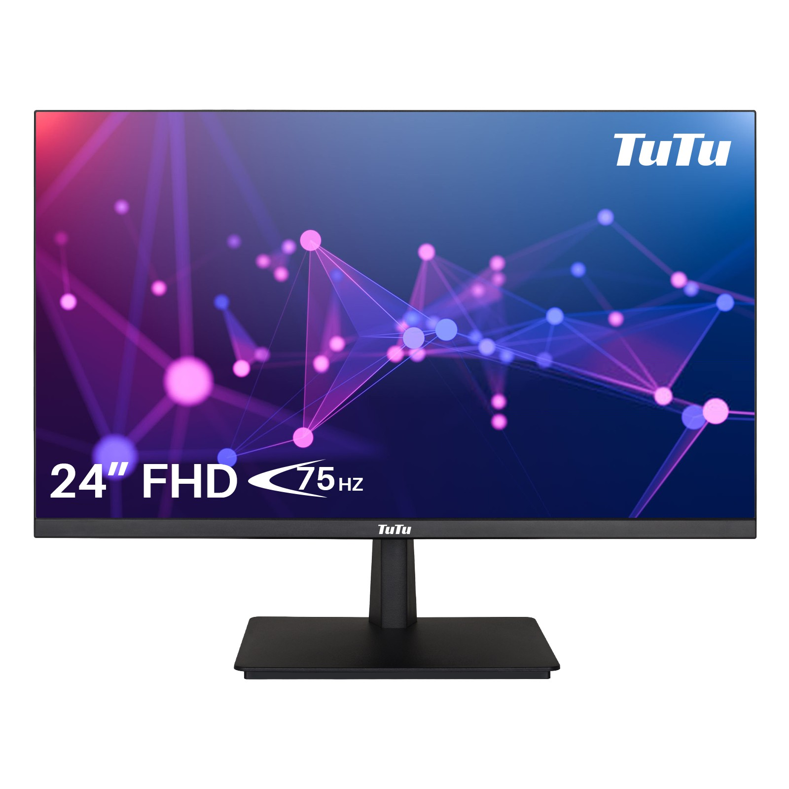 24-inch computermonitor met zwarte standaard, toont een paarse en roze netwerkgrafiek.