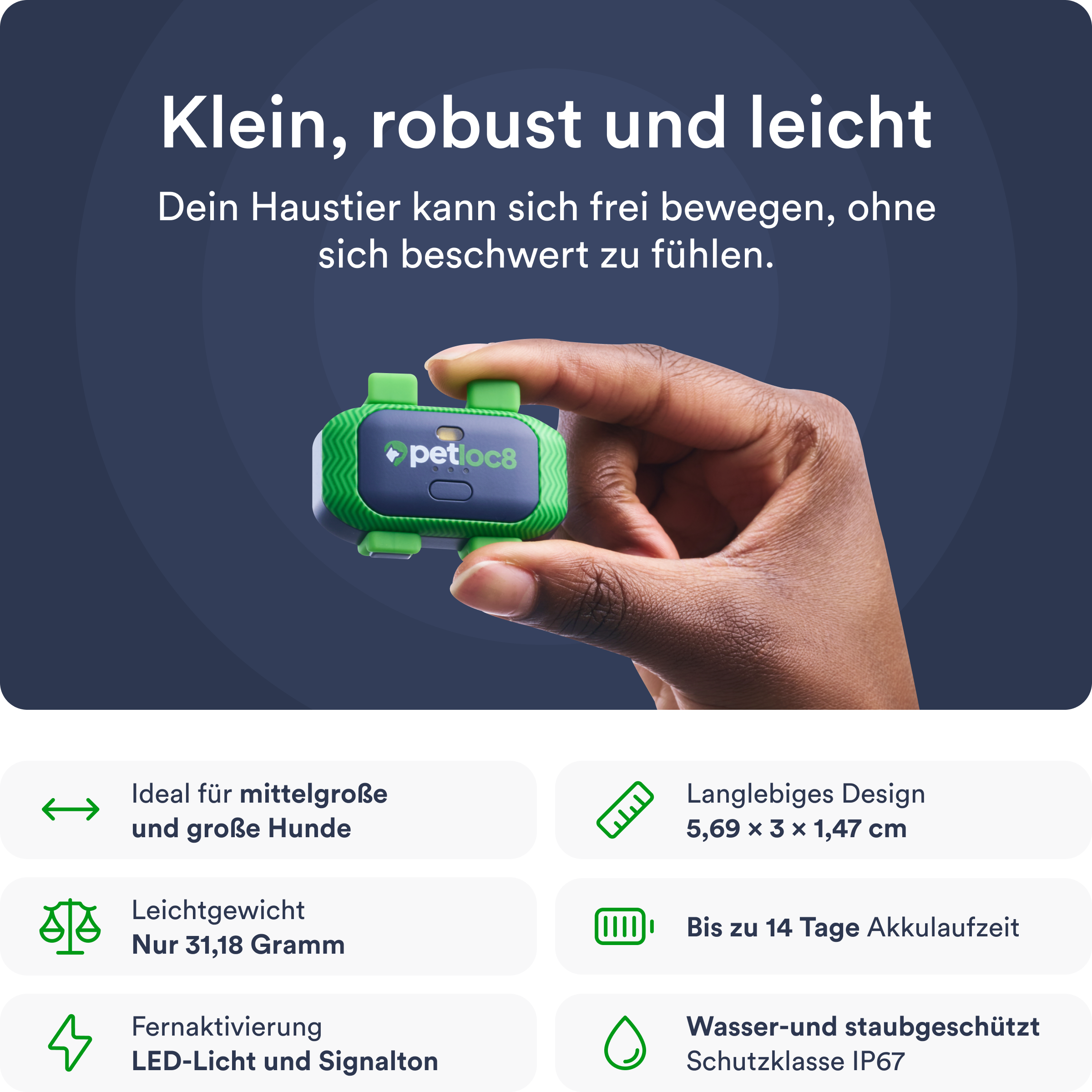 Ein grüner und grauer Haustier-Tracker in der Hand. Text: Klein, robust und leicht. Funktionen sind unten aufgeführt.