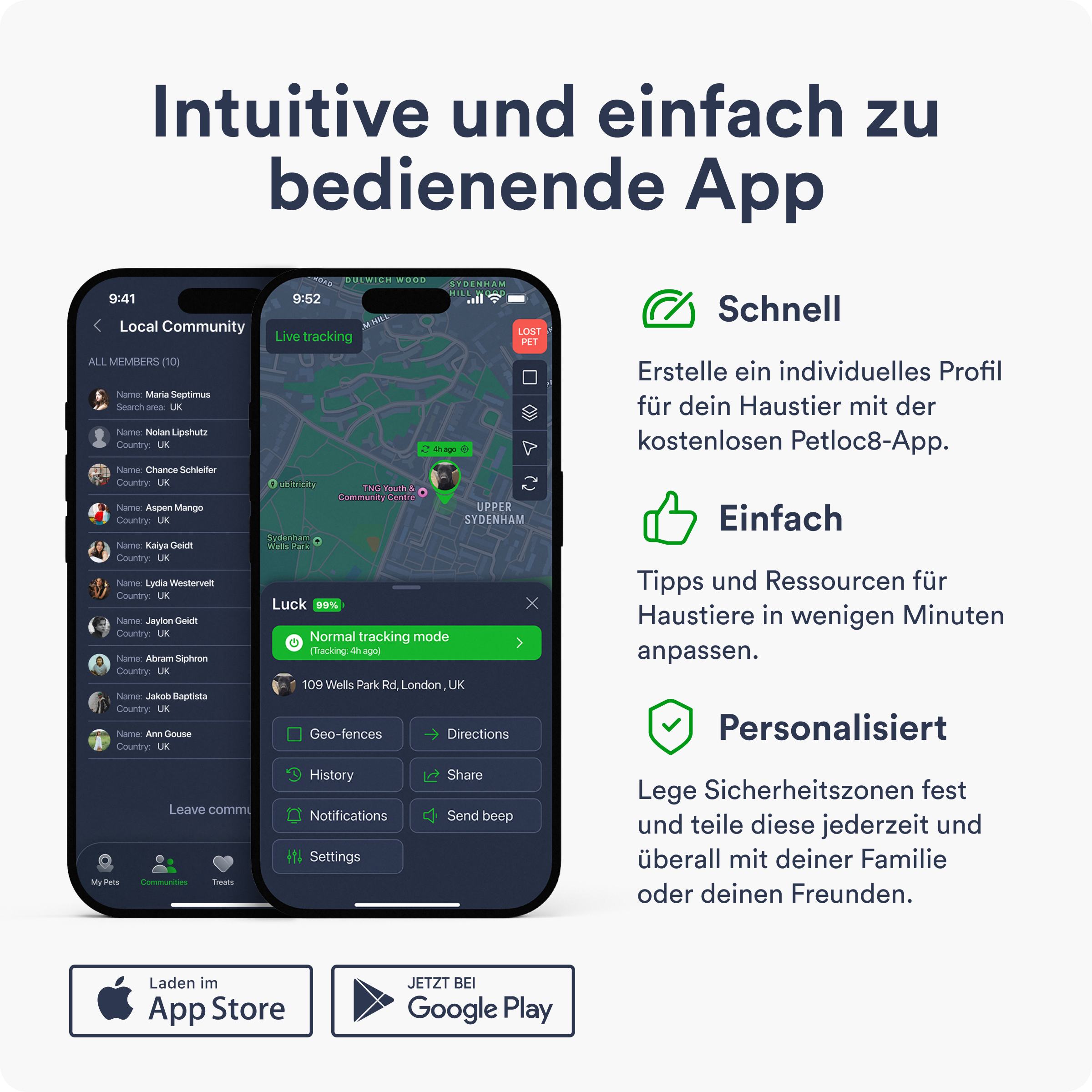 Zwei Telefone, die eine Haustier-Tracking-App anzeigen. Text: Intuitive und einfach zu bedienende App. Funktionen sind rechts aufgeführt.
