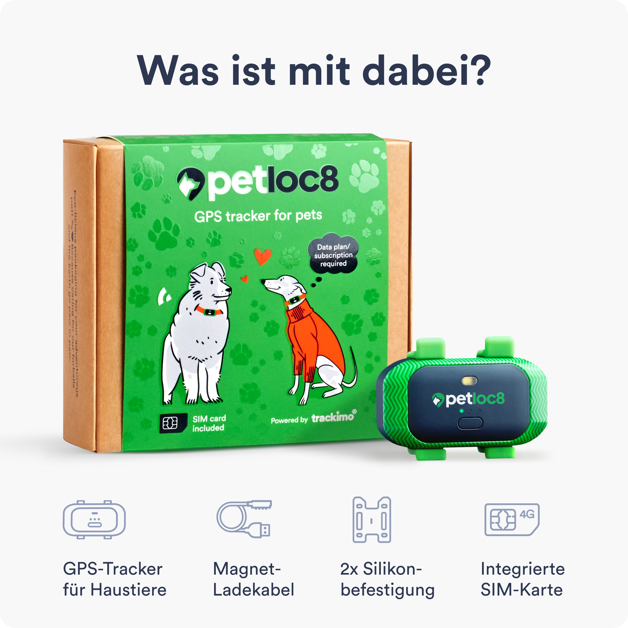 Eine Produktbox und ein Haustier-Tracker. Text: Was ist mit dabei? Box zeigt zwei Hunde, der Tracker ist grün und grau.