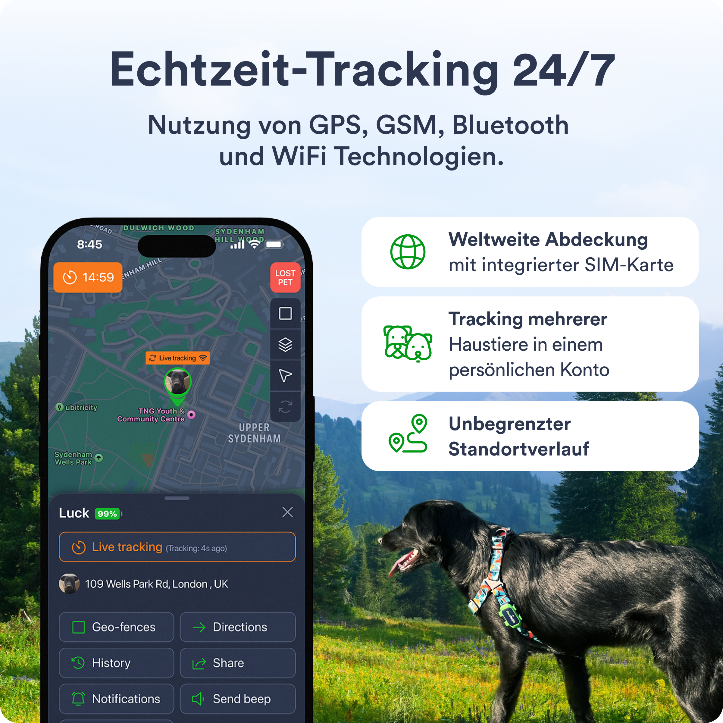 Telefon mit Karte, Hund im Hintergrund. Text: Echtzeit-Tracking 24/7. GPS, GSM, Bluetooth, WiFi Technologien.