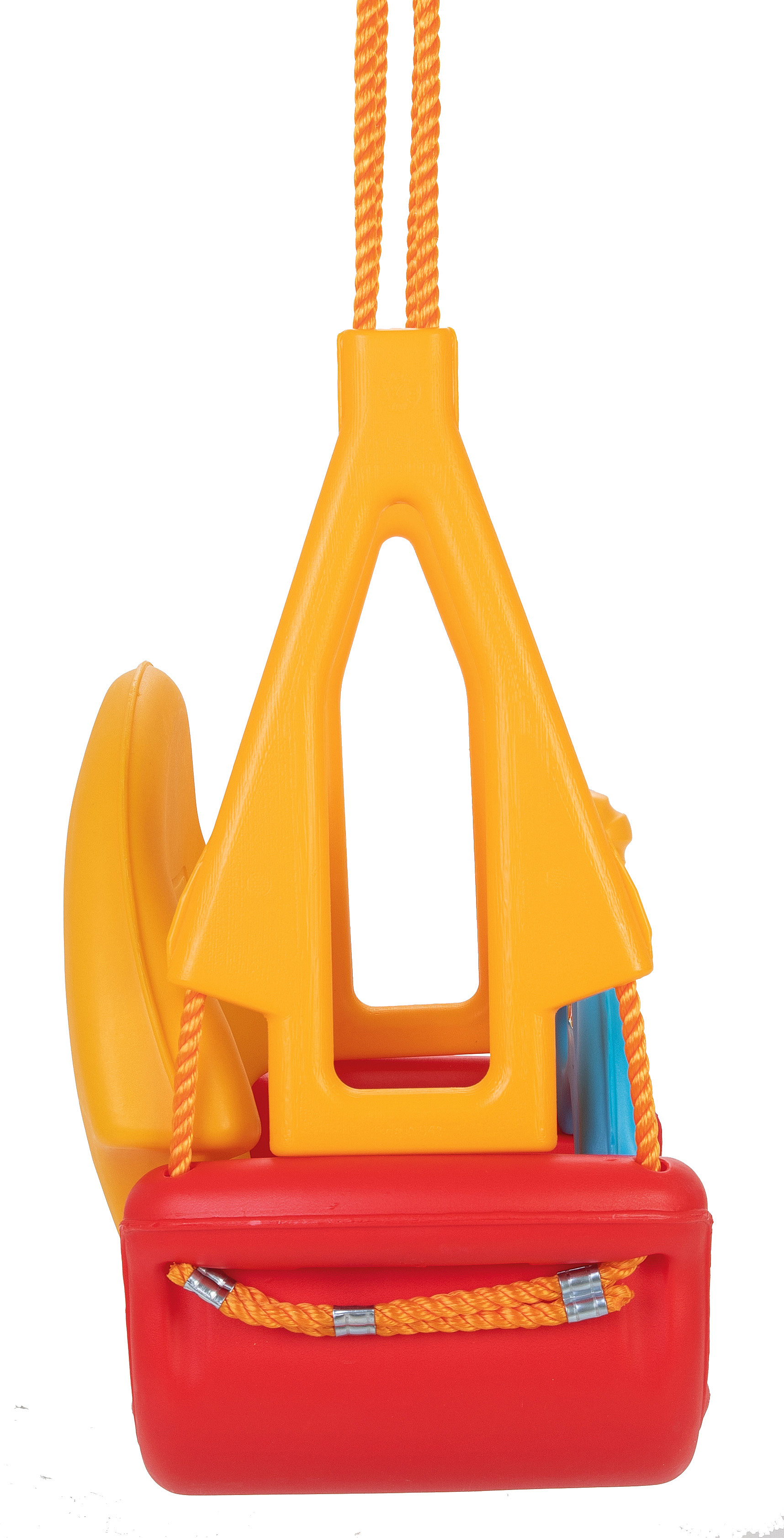 Gelber Schaukelstuhl mit rotem Rahmen und orangen Seilen. Der Hintergrund ist weiß.