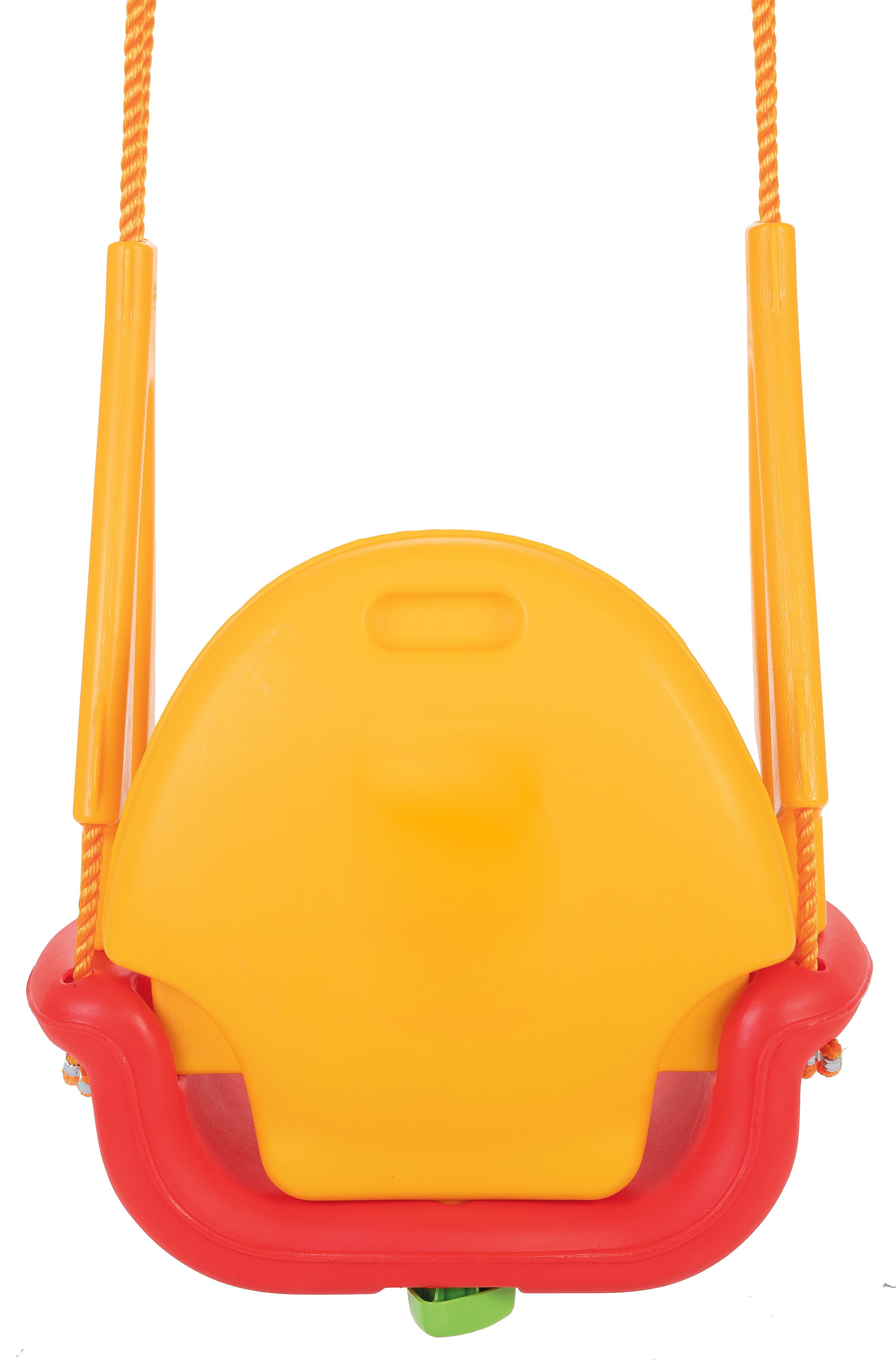 Gelber Schaukelstuhl mit rotem Rahmen und orangen Seilen. Der Hintergrund ist weiß.