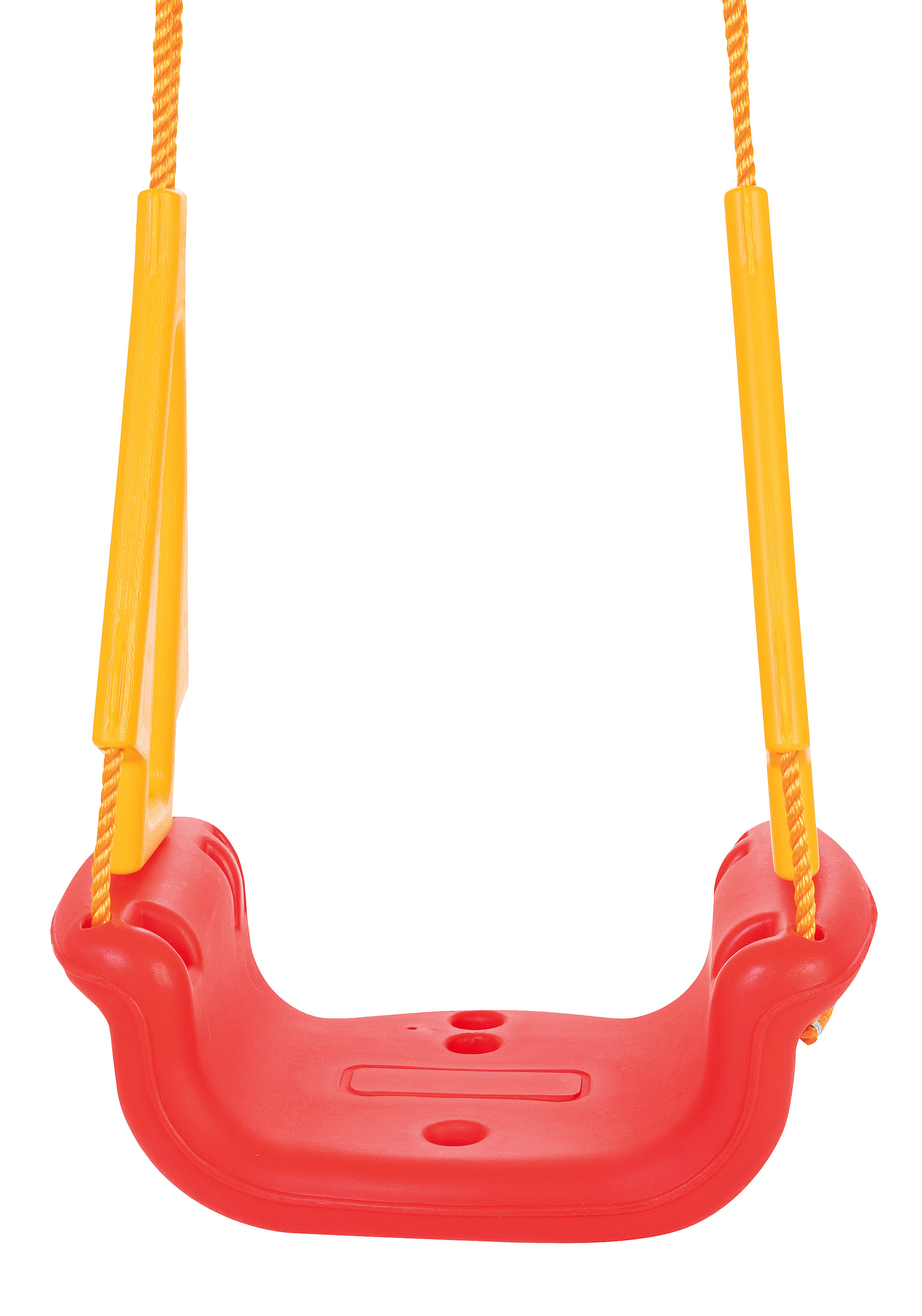 Roter Schaukelstuhl mit gelbem Rücken und orangen Seilen. Der Hintergrund ist weiß.