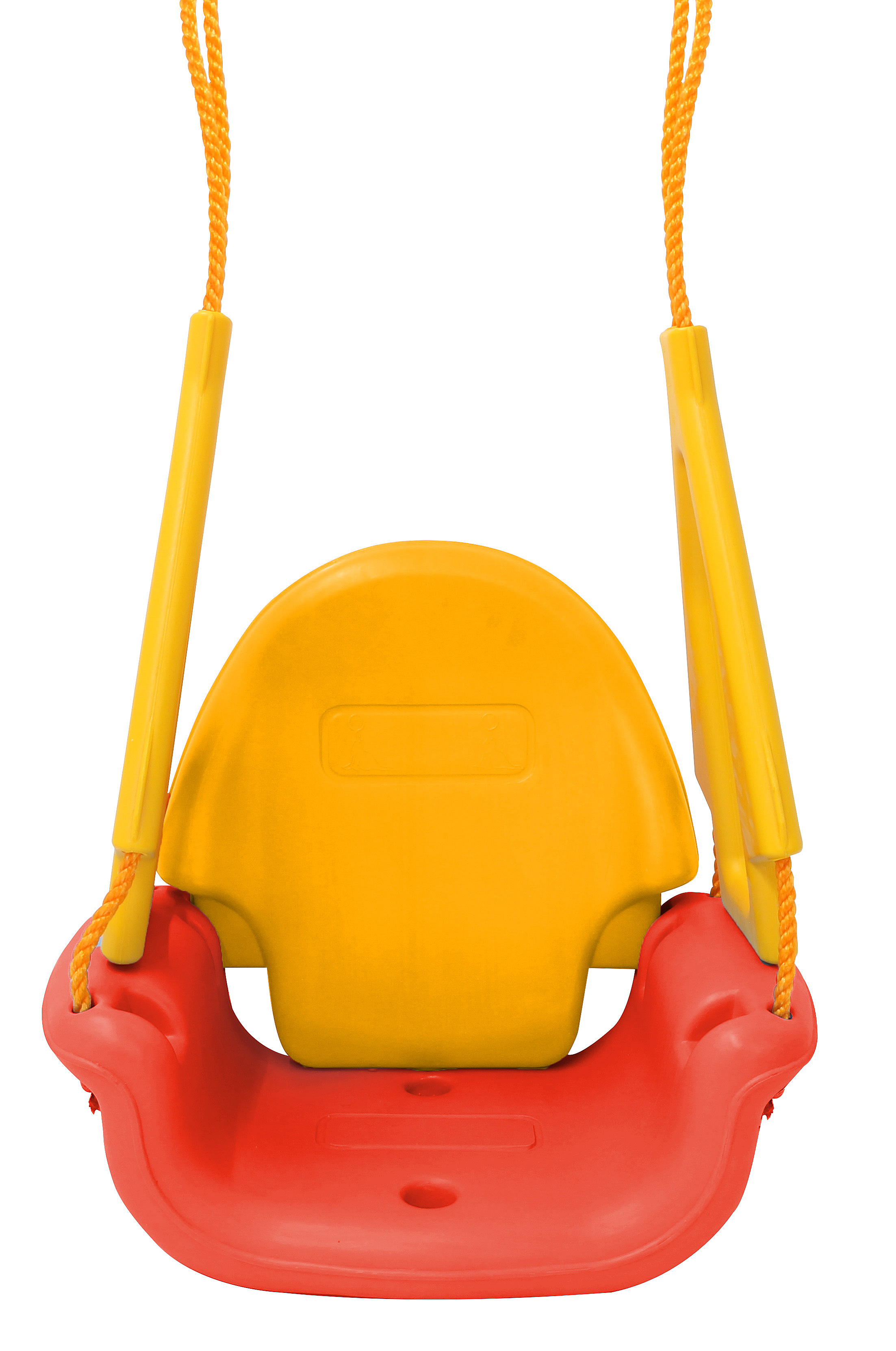 Gelber Schaukelstuhl mit rotem Rahmen und orangen Seilen. Der Hintergrund ist weiß.