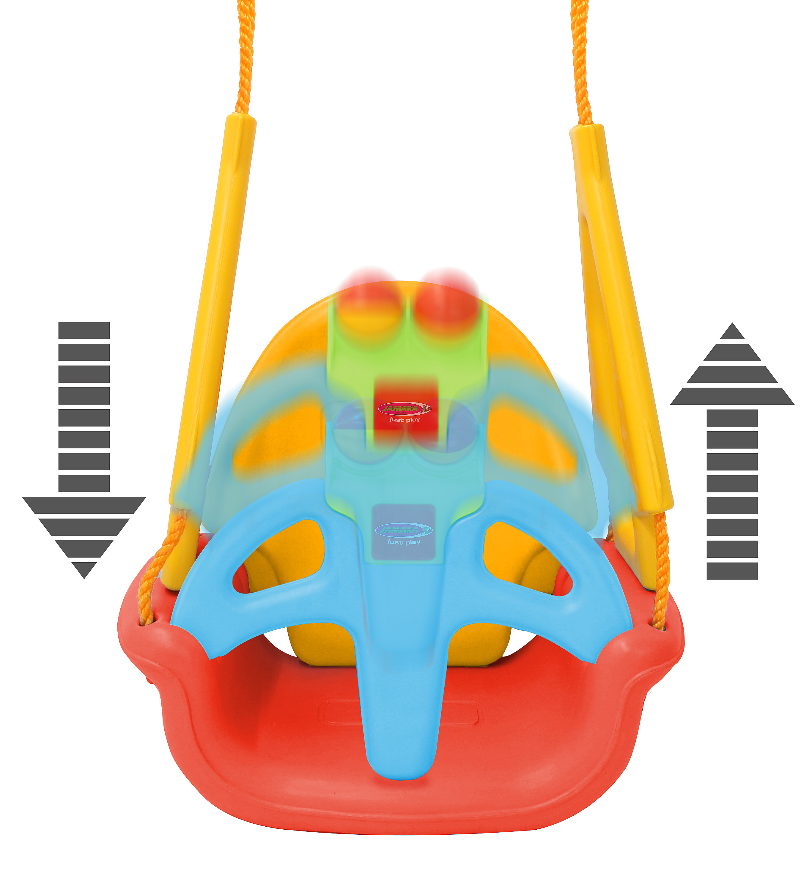 Kinderschaukelset mit blauem Lenkrad und Pfeilen, die die Bewegungsrichtung anzeigen.