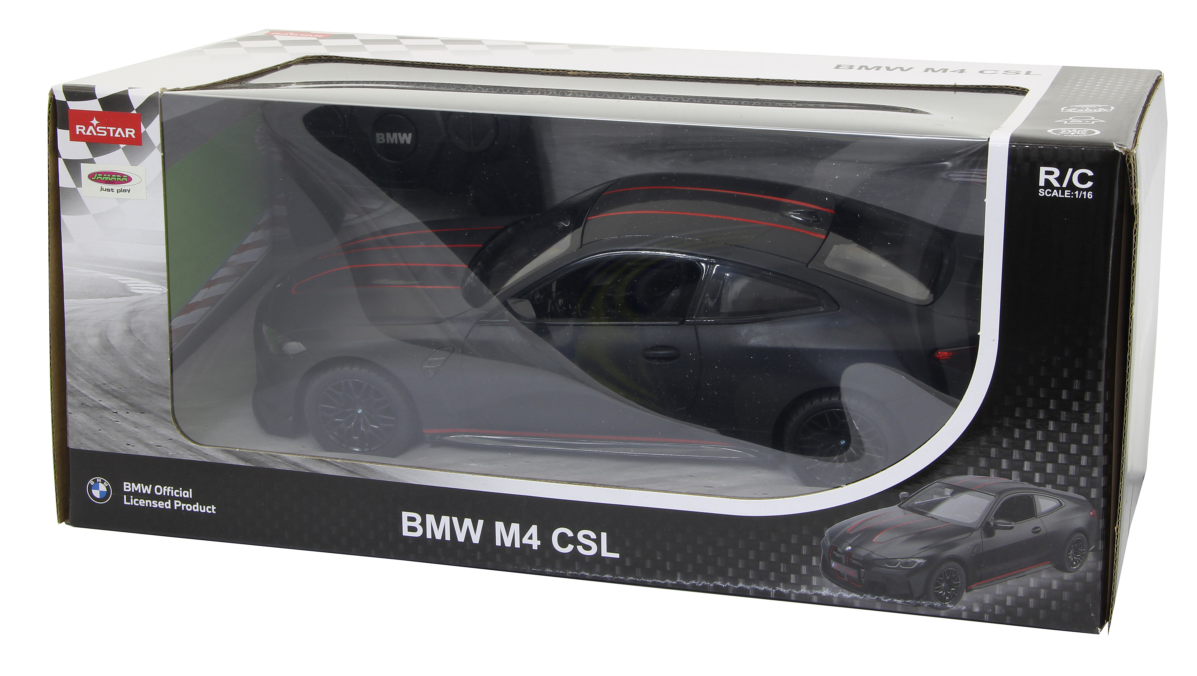 Ein schwarzes BMW M4 CSL Spielzeugauto in einer Box. Auf der Box steht BMW, BMW Official Licensed Product und Rastar.