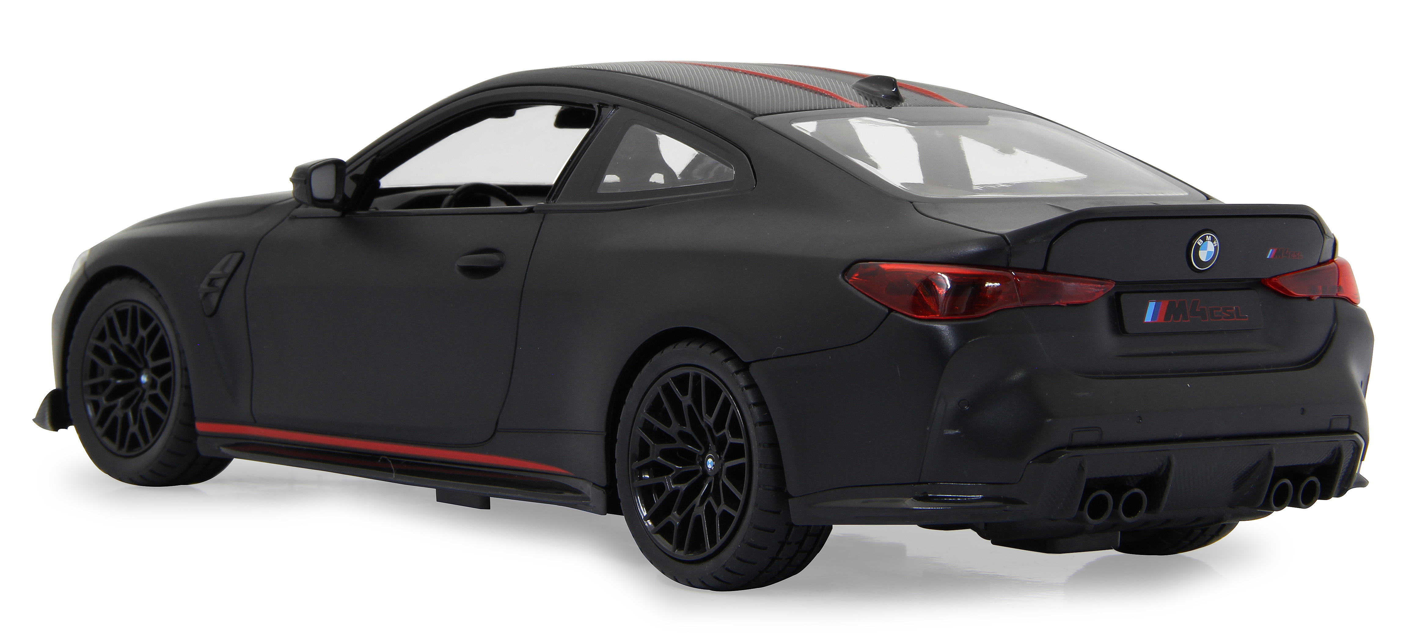 Der Heckwinkel eines schwarzen BMW M4 CSL Autos. Das M4 CSL Logo, rote Akzente und Auspuffrohre sind sichtbar.