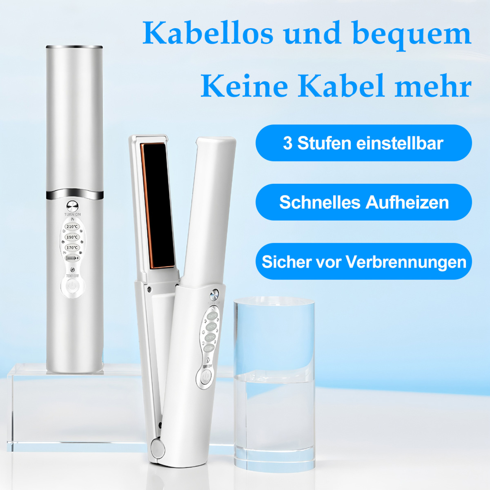 Weißes Glätteisen mit Text: Kabellos und bequem, keine Kabel mehr, 3 Einstellungen.