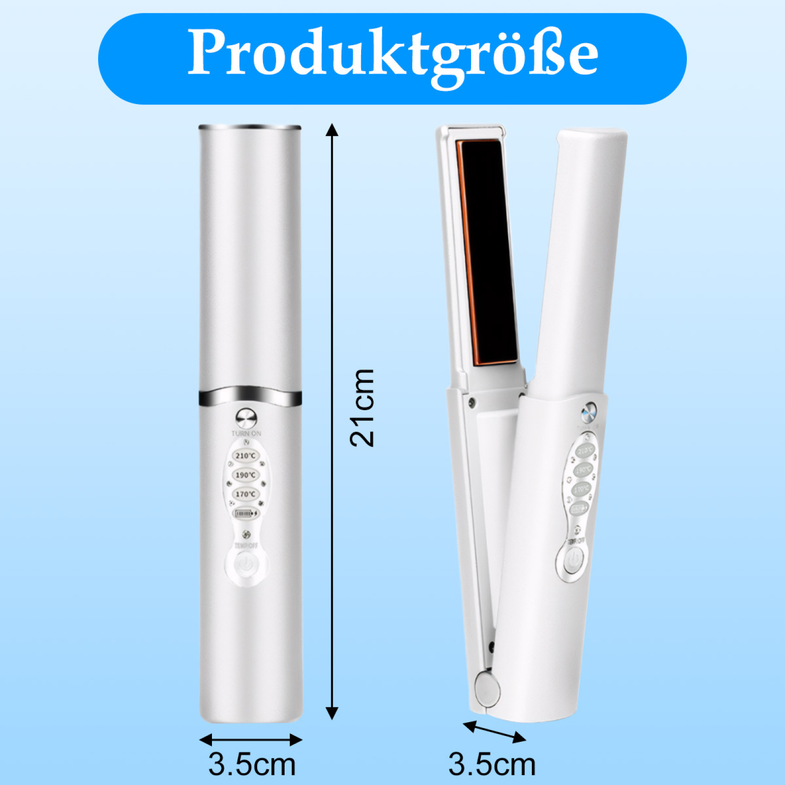 Zwei weiße Haarglätter nebeneinander, mit Abmessungen in cm beschriftet.