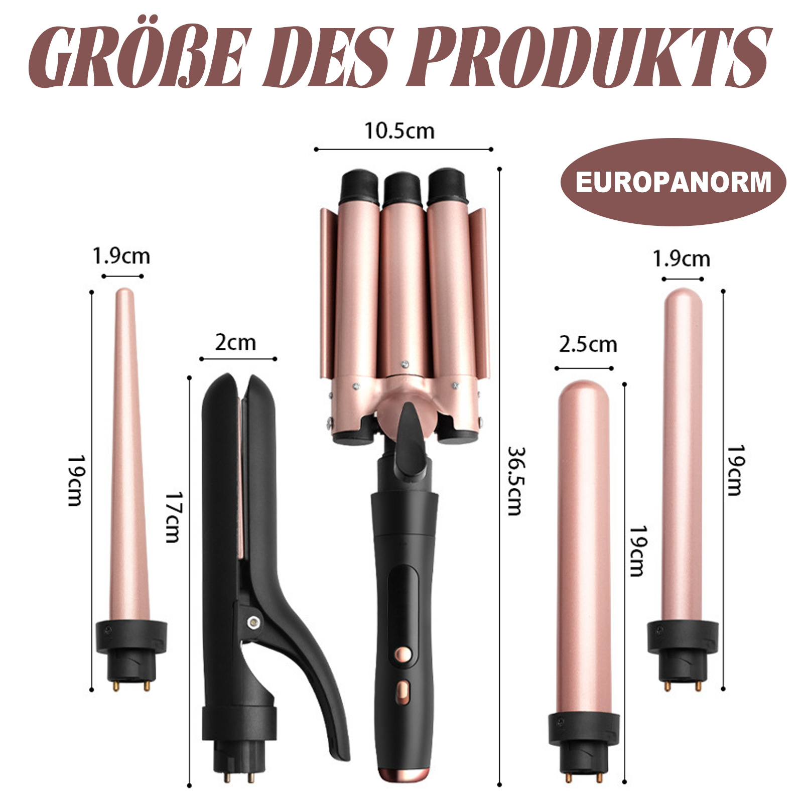 Mehrere Lockenstabaufsätze und ein Griff, mit Abmessungen in cm beschriftet.