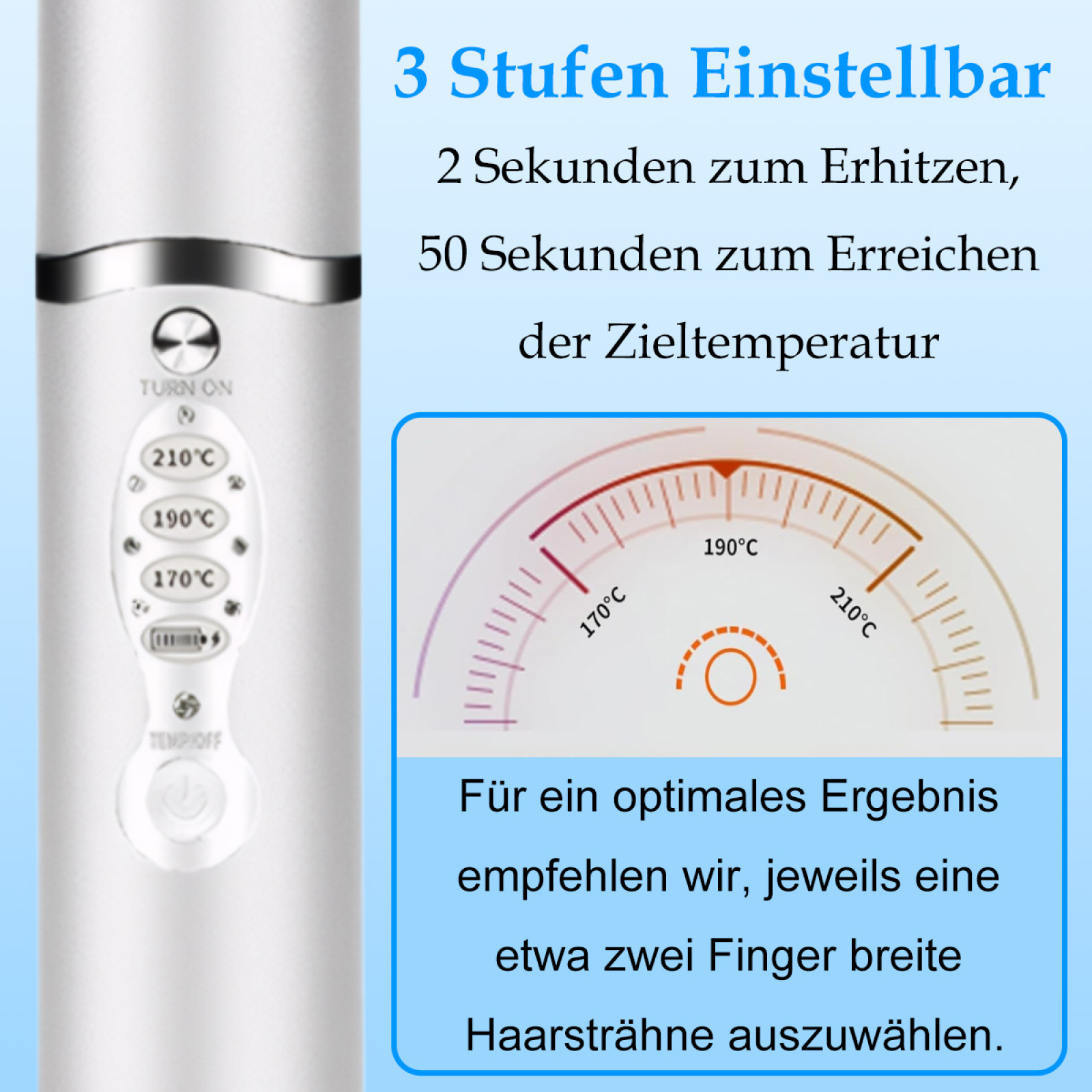 Nahaufnahme eines Glätteisens, mit Drehknopf und Temperatureinstellungen, und einer Temperaturanzeige.