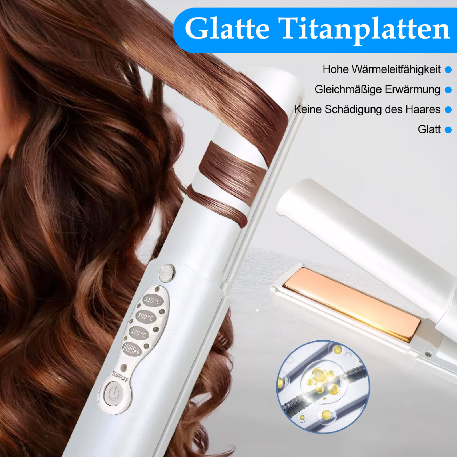 Frau benutzt ein weißes Glätteisen mit braunem Haar. Text: Glatte Titanplatten.
