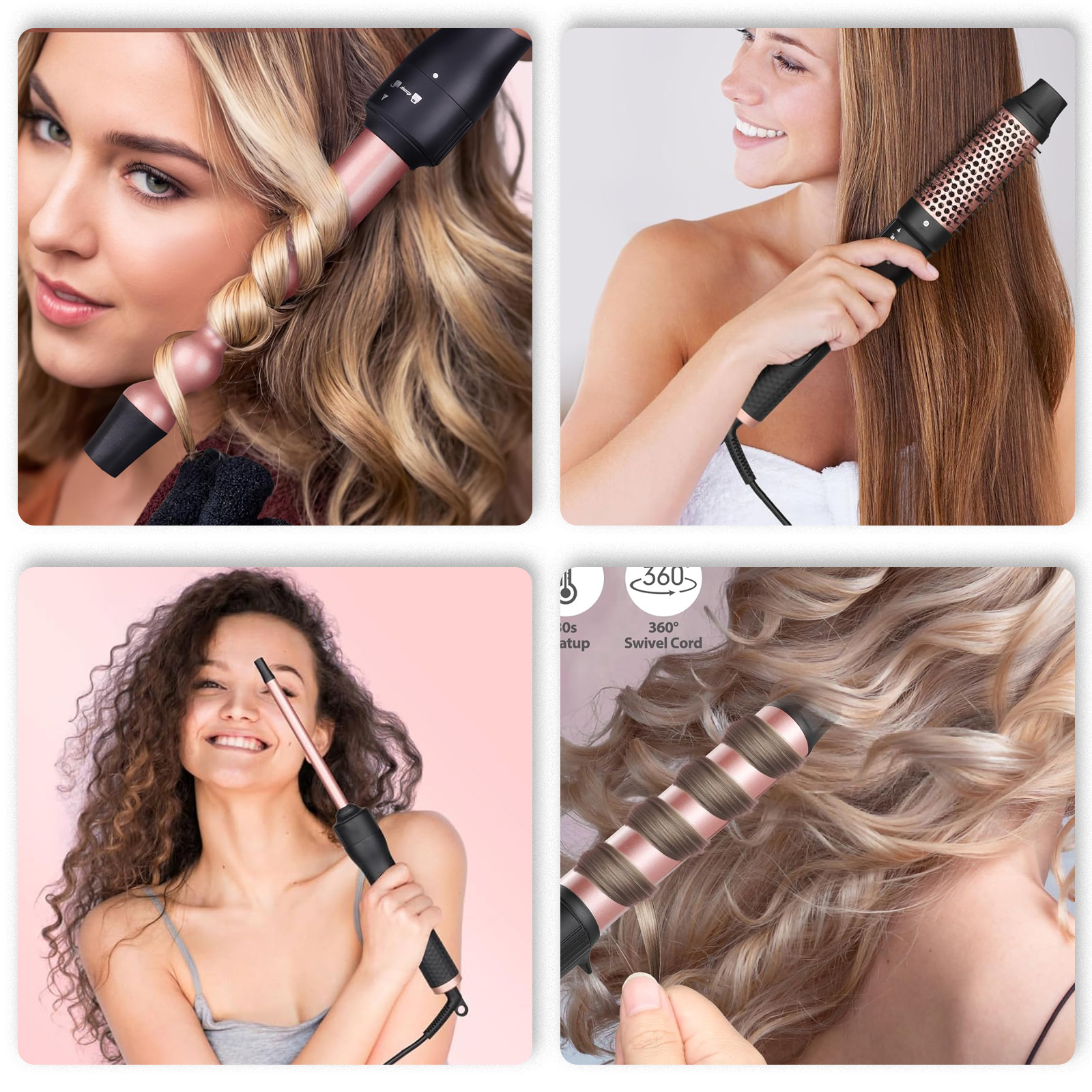 Vier Fotos von Frauen, die Lockenstäbe benutzen und ihre Haare auf verschiedene Weise stylen.