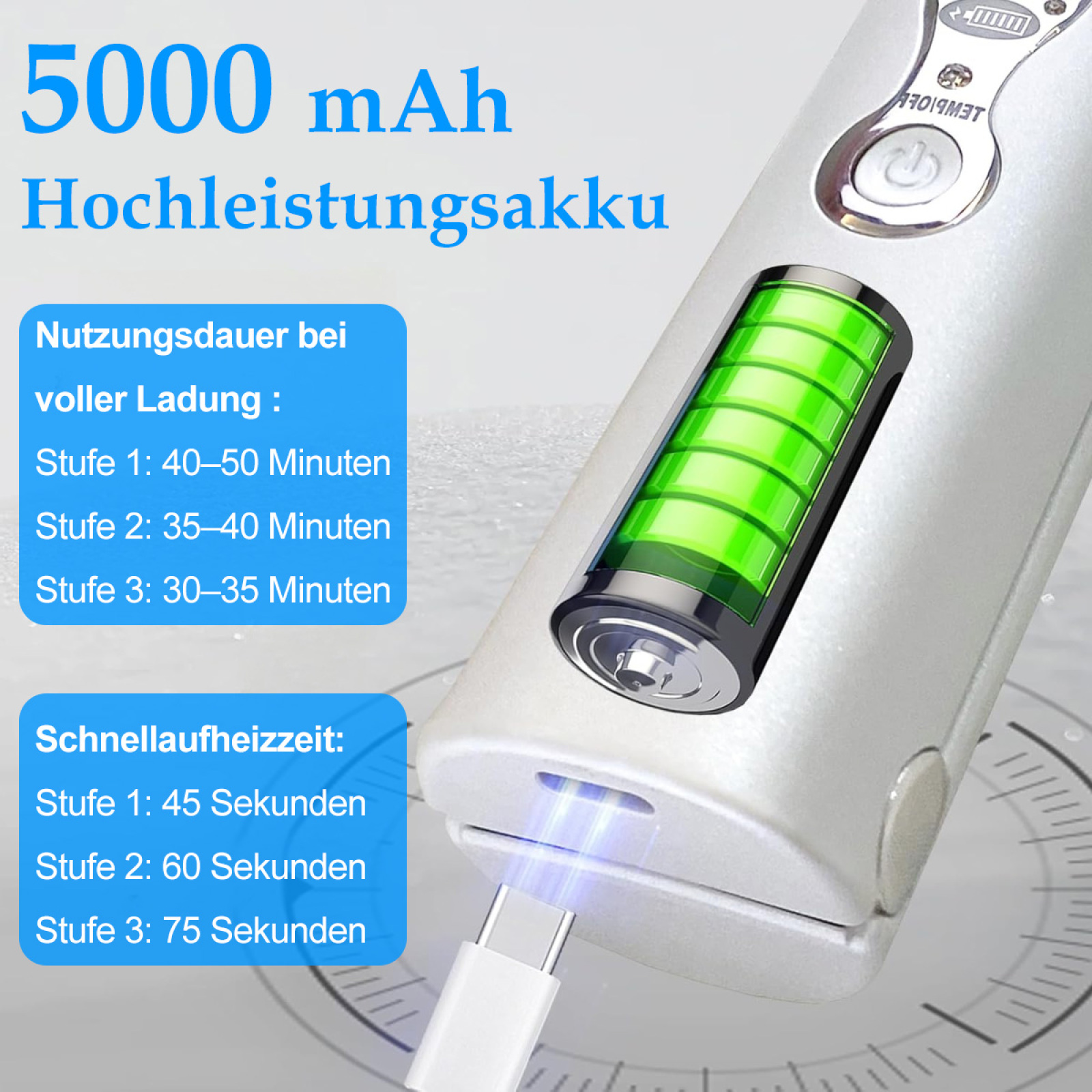 Nahaufnahme eines Haarglätters mit Akkuanzeige und Ladeanschluss. Text: 5000 mAh Akku.
