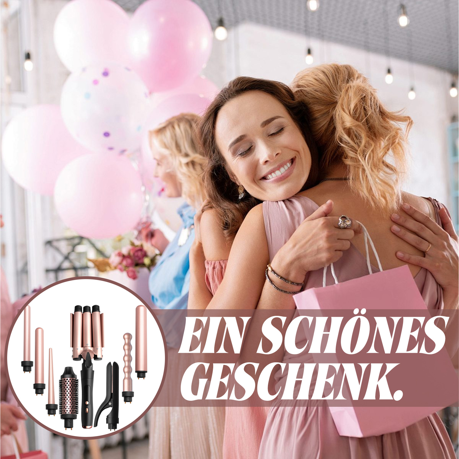 Zwei Frauen umarmen sich, umgeben von Lockenstäben und Haaraccessoires. Text: Ein schönes Geschenk.