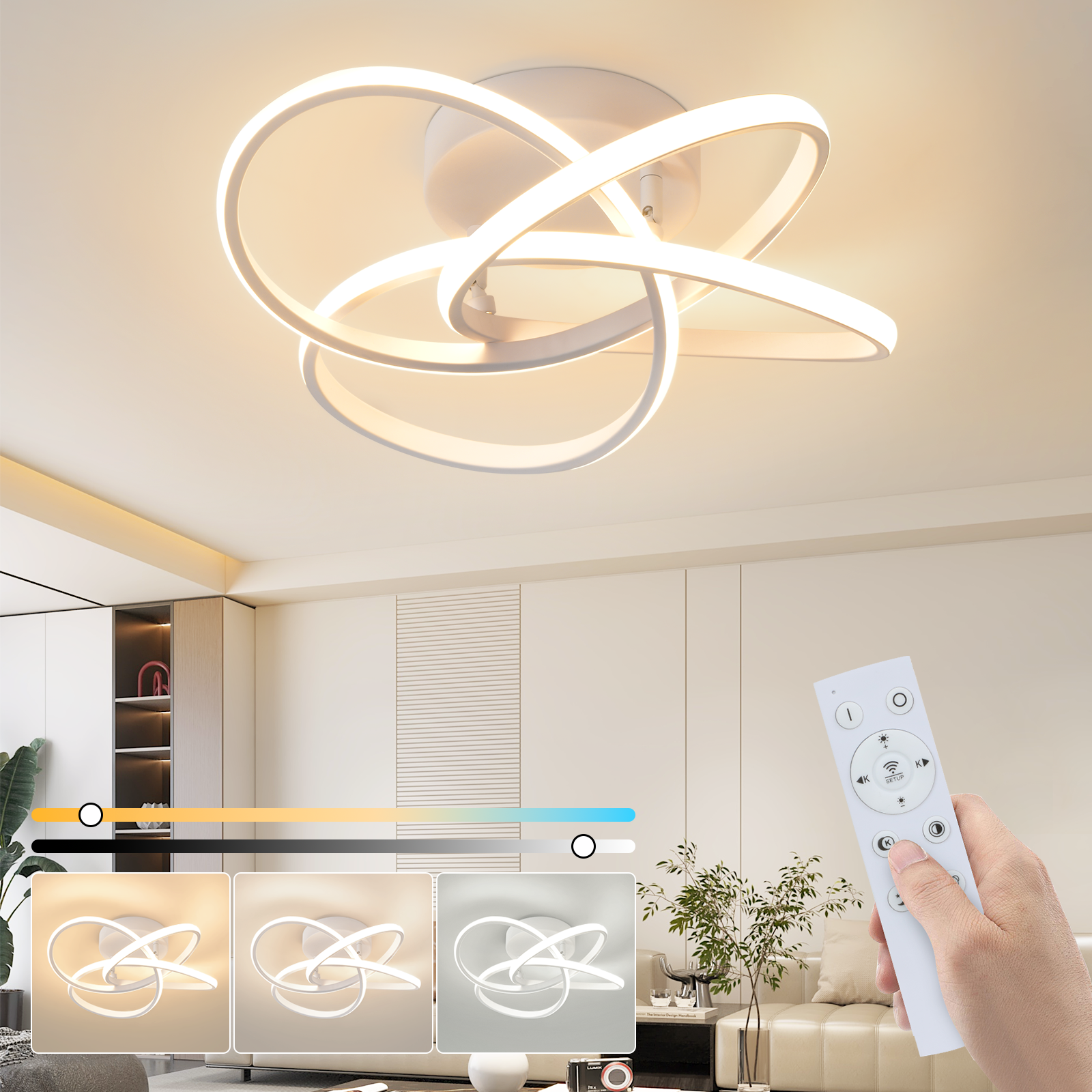 Biała lampa sufitowa o unikalnym designie, emitująca światło. Osoba dostosowuje światło pilotem.
