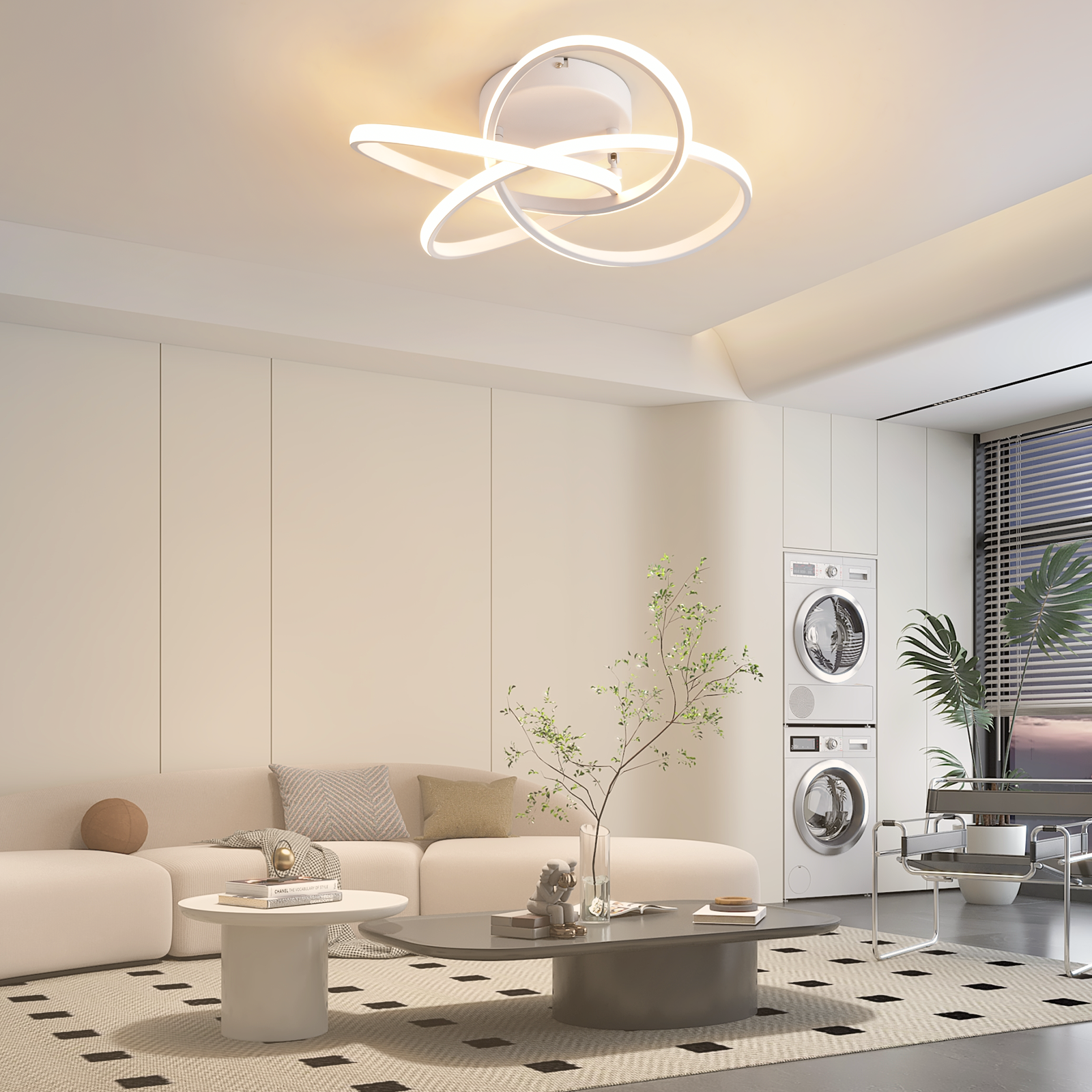 Nowoczesny salon z białą lampą sufitową. Zawiera białe ściany, sofę i urządzenia w tle.