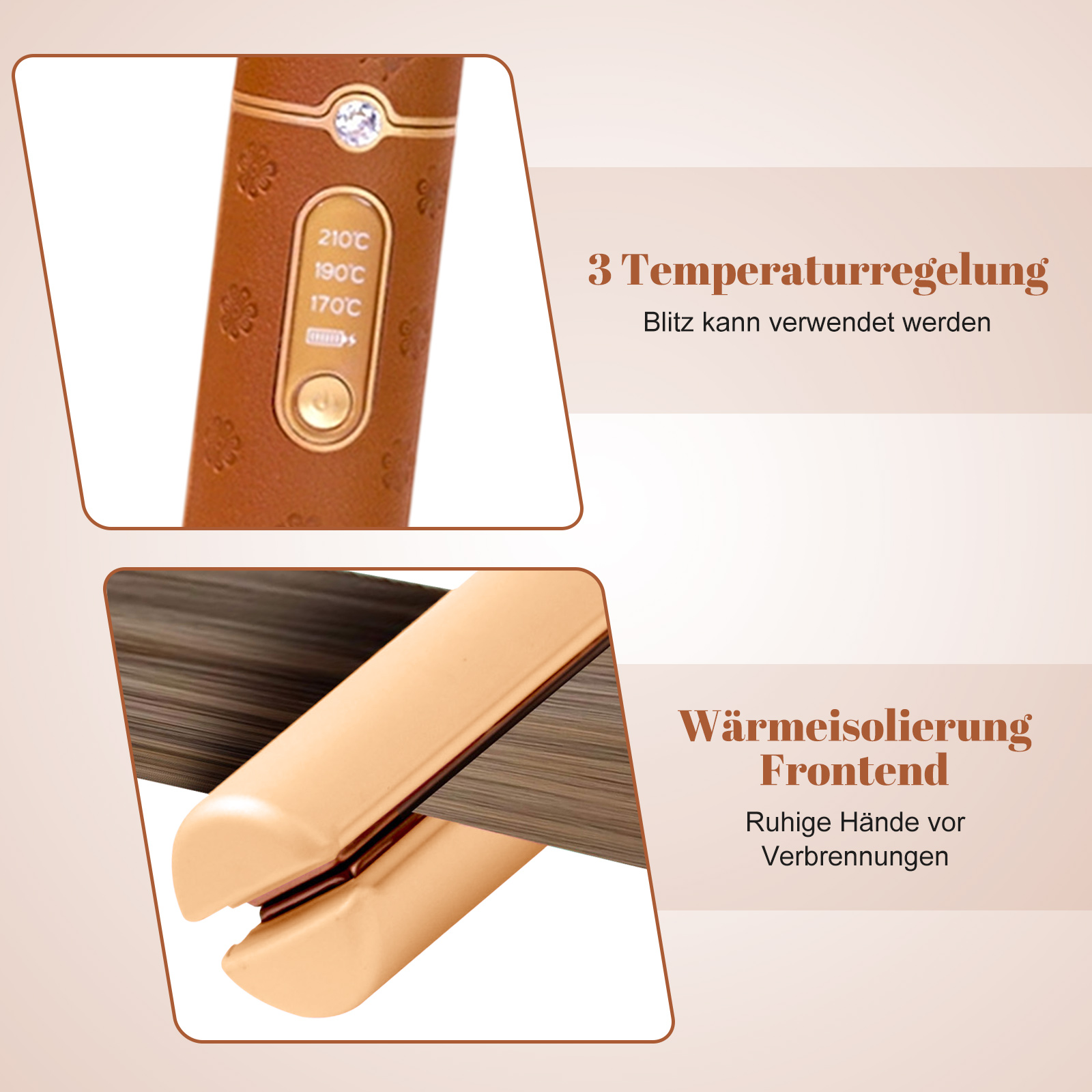 Nahaufnahme eines Haarglätters mit Temperatureinstellungen und Details zur Wärmeisolierung.