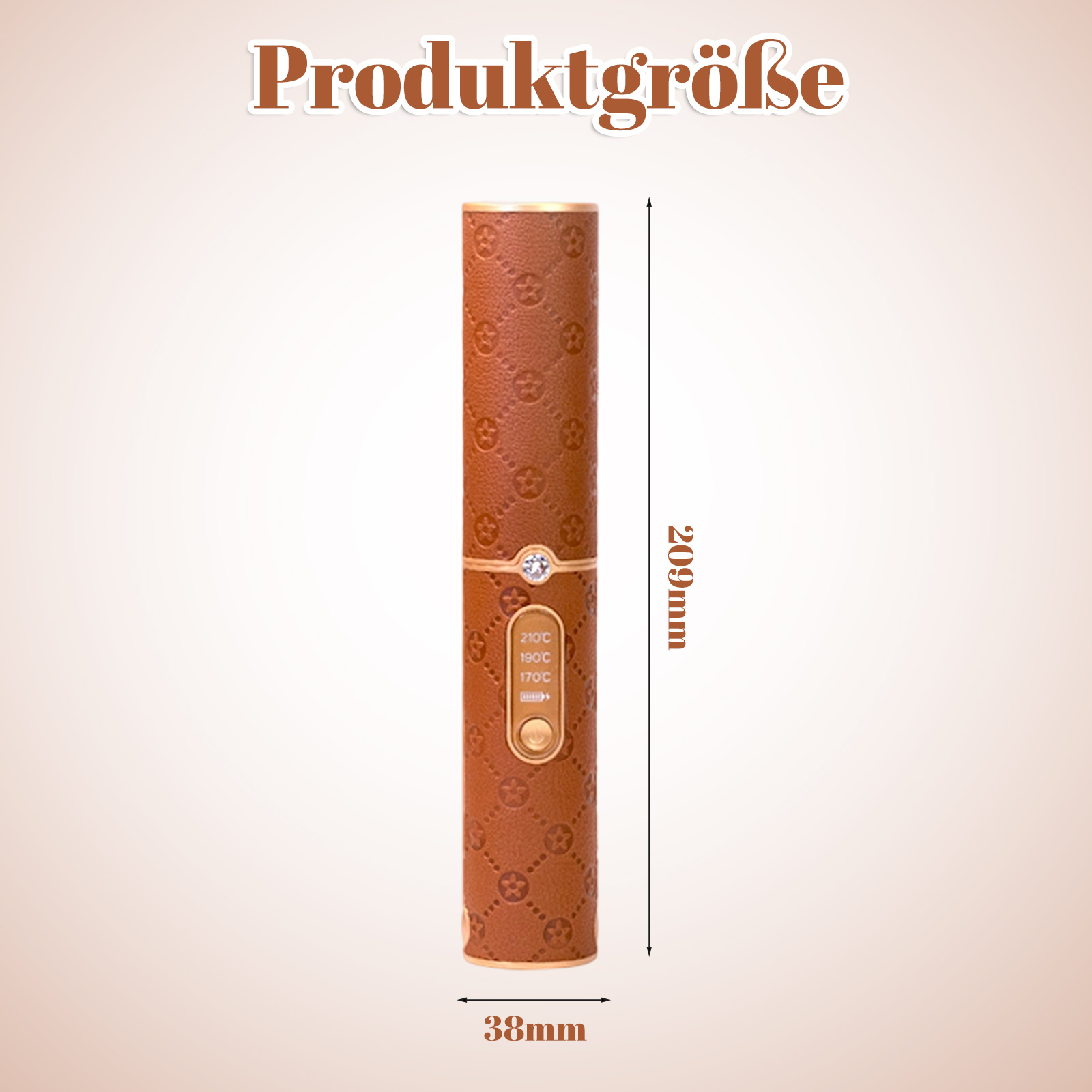 Ein braunes, gemustertes Haarstyling-Werkzeug mit den Maßen 209 mm und 38 mm und dem Text 'Produktgrösse'.