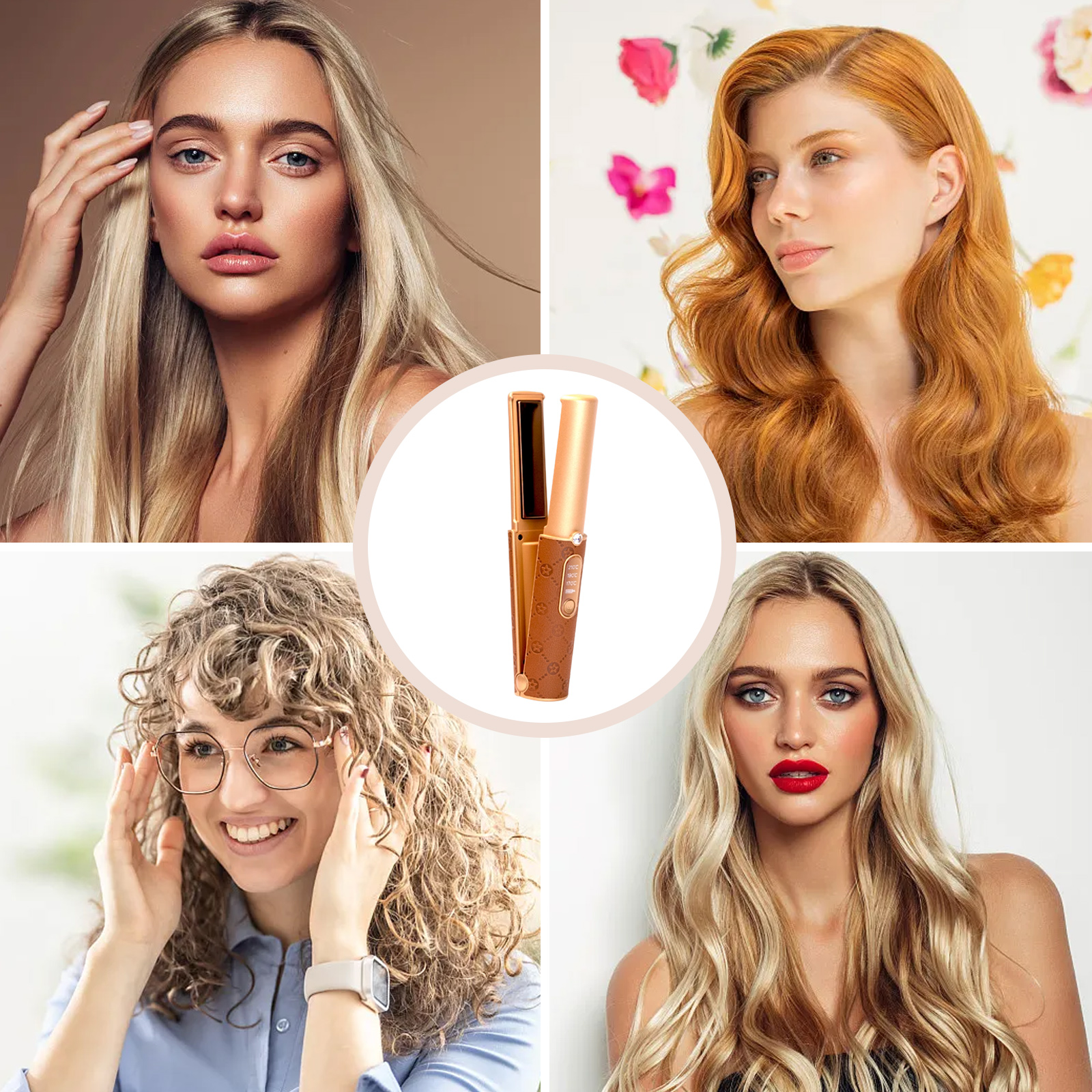 Collage von vier Frauen mit unterschiedlichen Frisuren und einem goldenen Haarstyling-Tool in der Mitte.