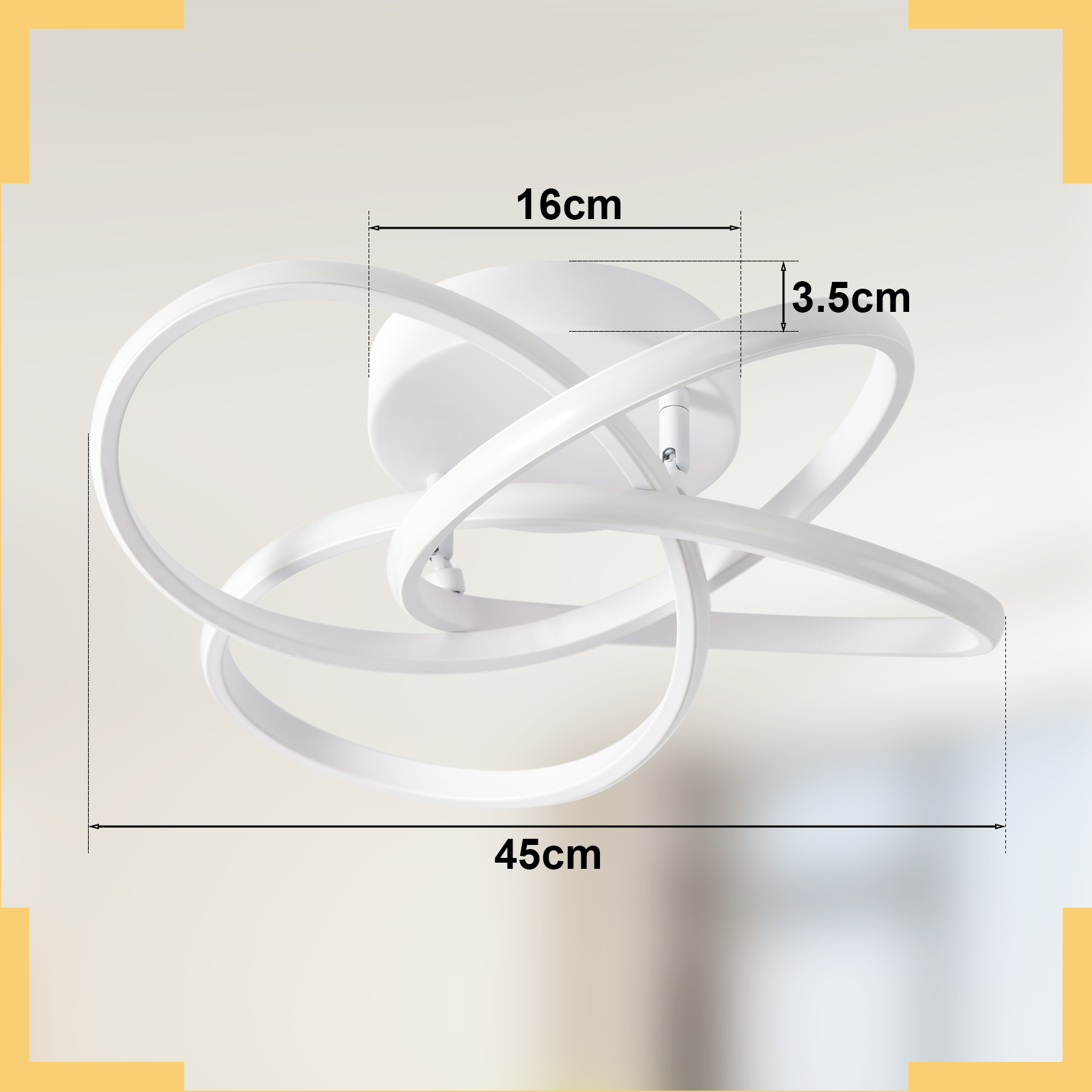 Biała lampa sufitowa o zakrzywionym kształcie. Wymiary: 45 cm szerokości i 16 cm średnicy, 3,5 cm wysokości.