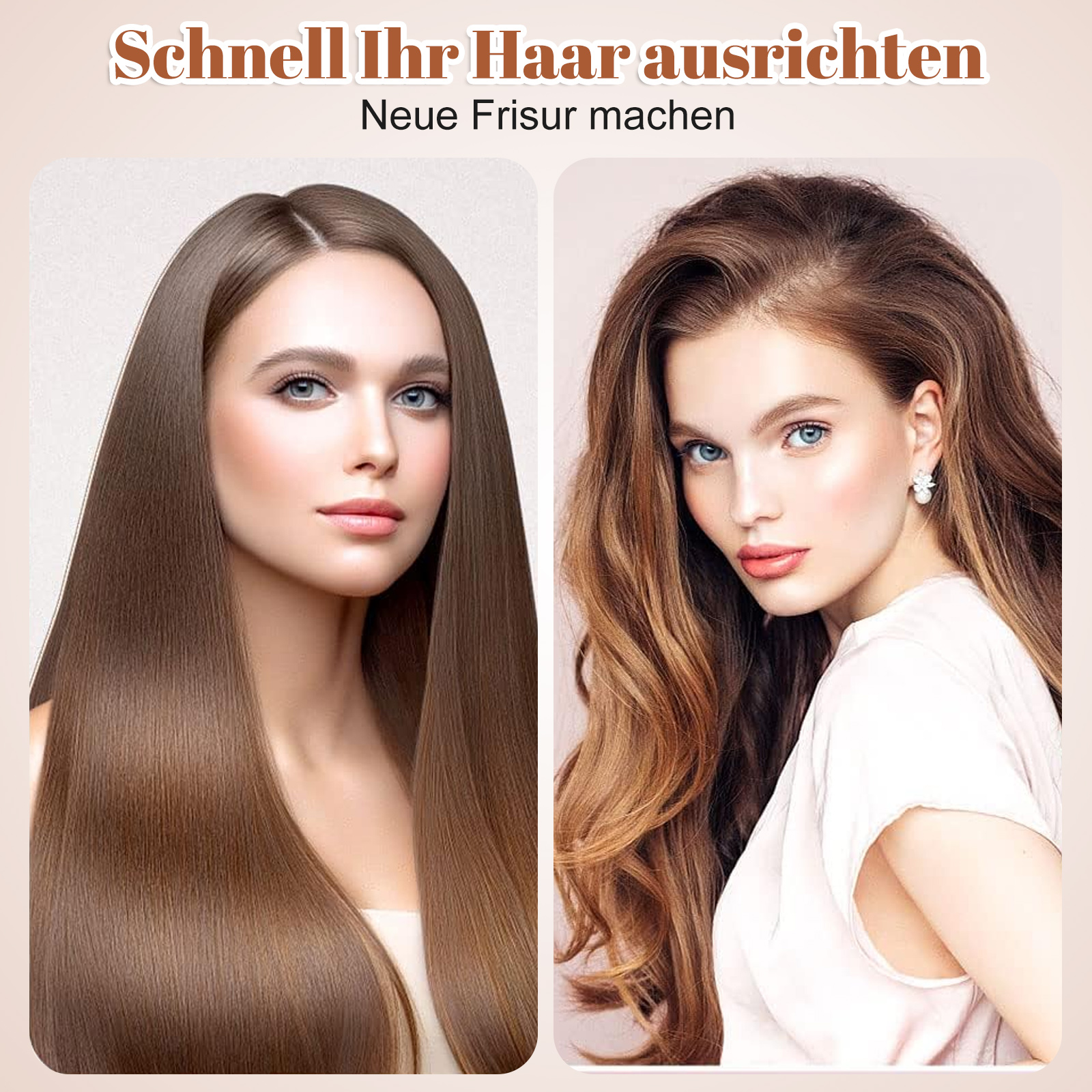 Zwei Frauen mit unterschiedlichen Frisuren. Der Text lautet 'Schnell Ihr Haar ausrichten Neue Frisur machen'.