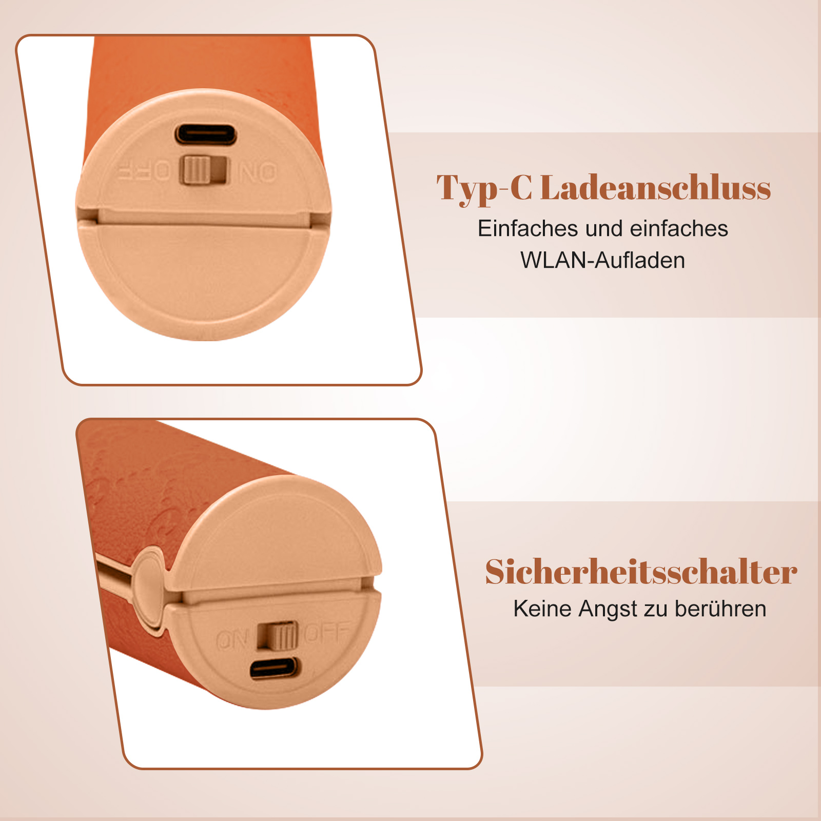 Nahaufnahme eines Haarstyling-Werkzeugs mit Ein/Aus-Schalter und Typ-C-Ladeanschluss.