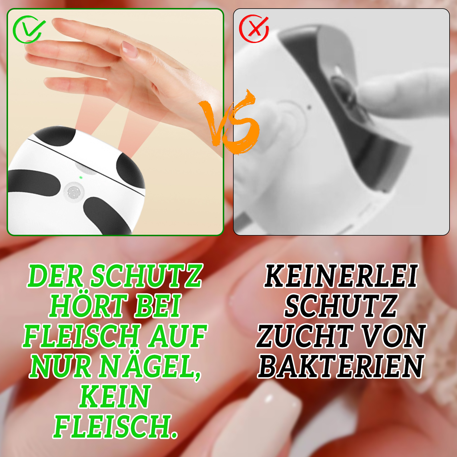 Vergleichsbild eines Nagelknipsers mit einem schwarz-weißen Gerät und Text.