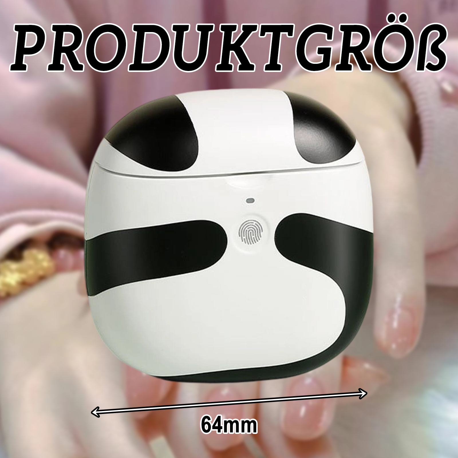 Weiß-schwarzer Nagelknipser mit Text 'PRODUKTGRÖß' und Maßangaben.