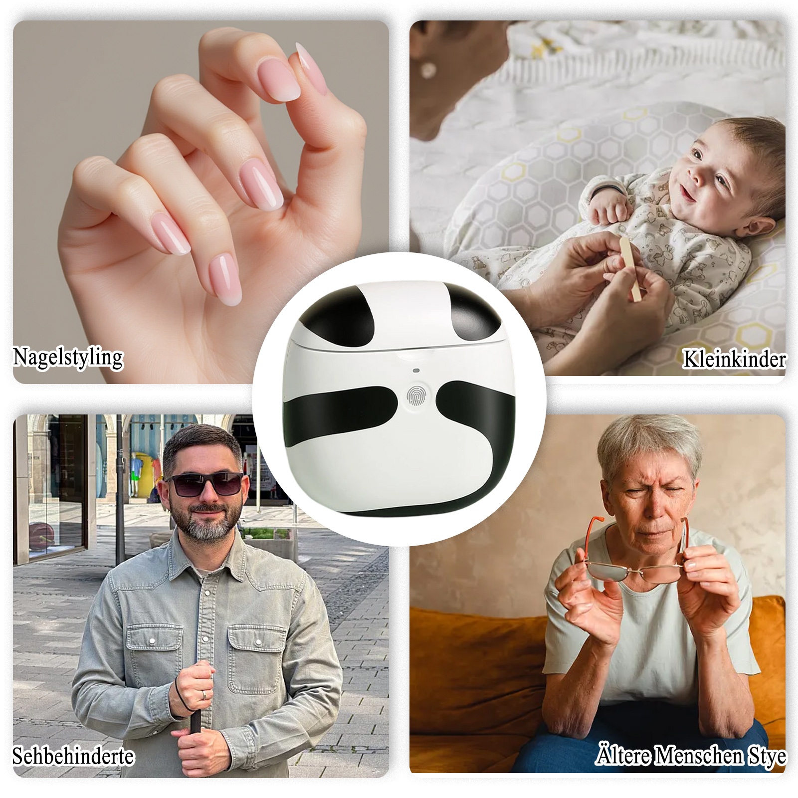 Vier Bilder: manikürte Hand, Baby, blinder Mann und ältere Frau mit Brille.