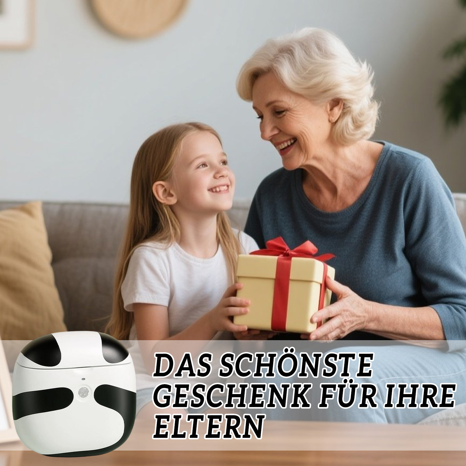 Ein junges Mädchen gibt einer älteren Frau eine Geschenkbox. Der Text lautet: 'Das schönste Geschenk für Ihre Eltern'.
