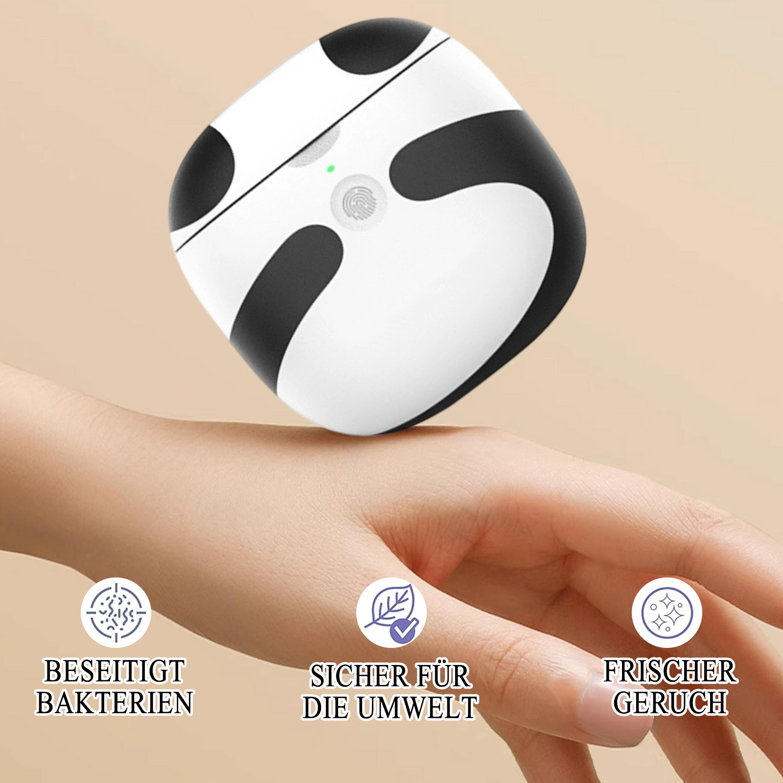 Ein schwarz-weißes Gerät mit Symbolen, die anzeigen, dass es Bakterien eliminiert, umweltfreundlich ist und frisch riecht.