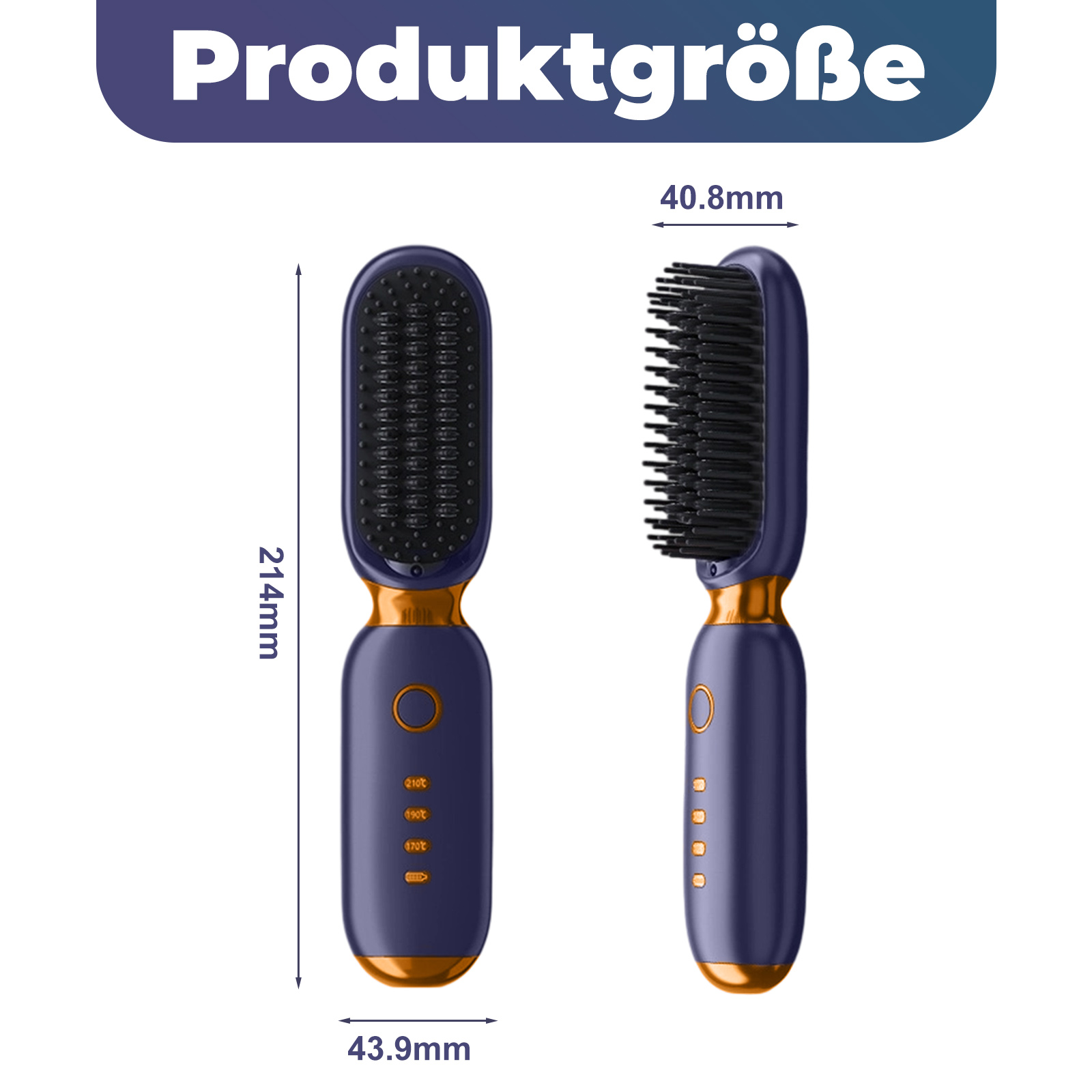 Zwei Ansichten einer Haarglättungsbürste mit Abmessungen. Seitenansicht und Vorderansicht mit Messungen.