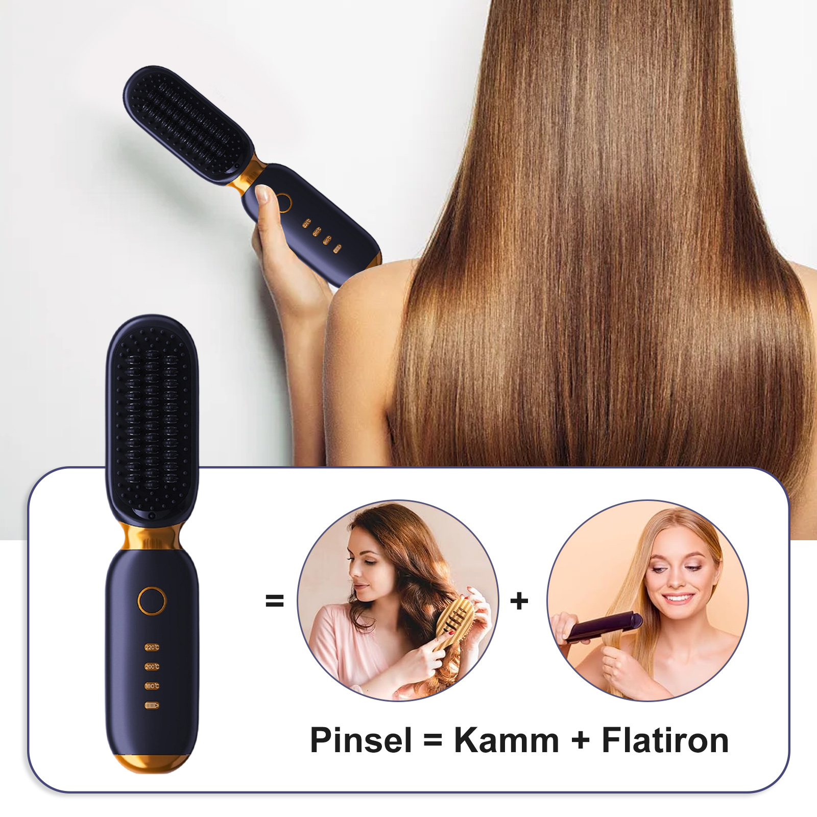 Eine Haarglättungsbürste, die mit zwei Frauen gezeigt wird, die sie benutzen, und zeigt, dass sie wie ein Kamm und ein Glätteisen ist.