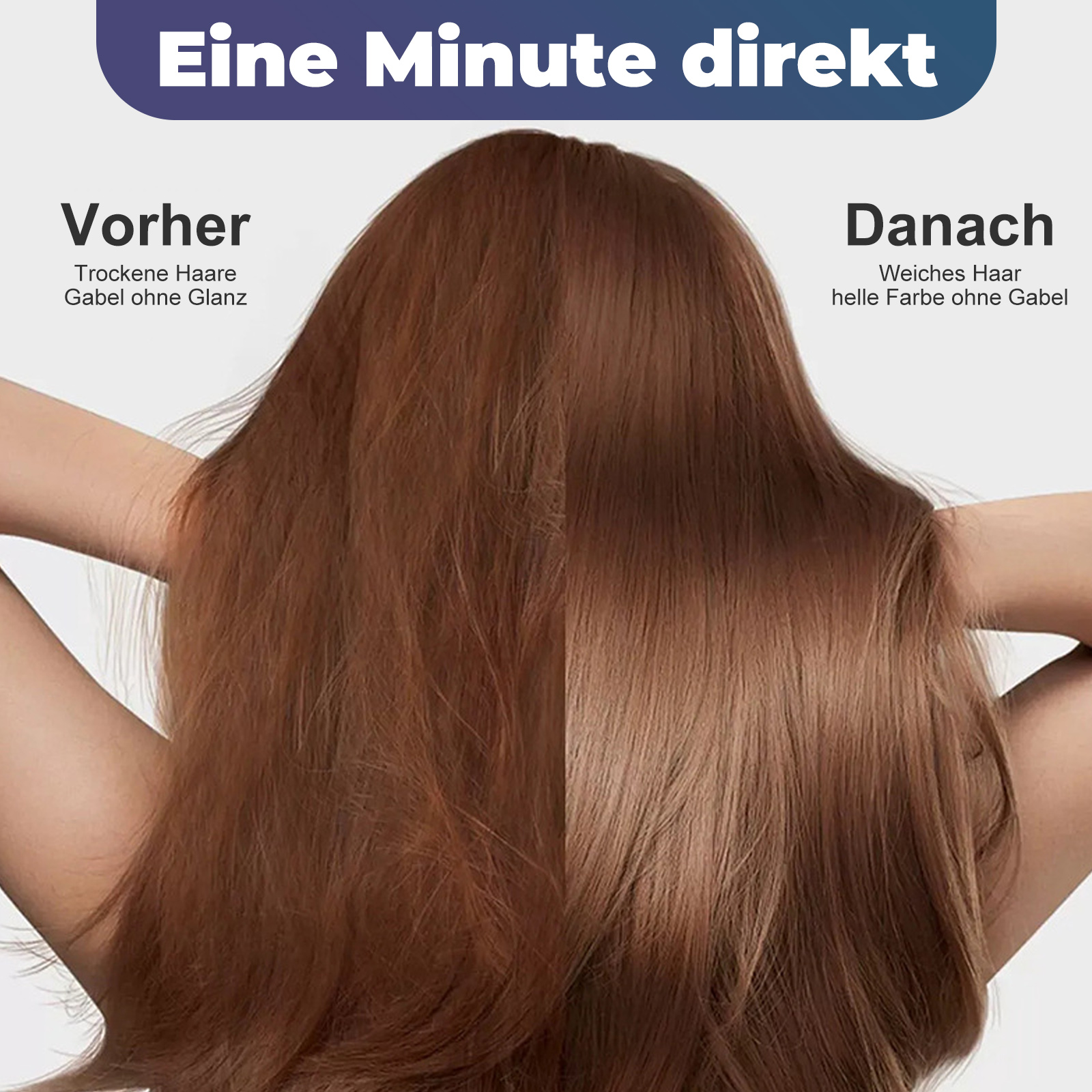 Ein Vergleich von Haaren vor und nach dem Glätten mit einer Haarglättungsbürste, der glänzende Ergebnisse zeigt.