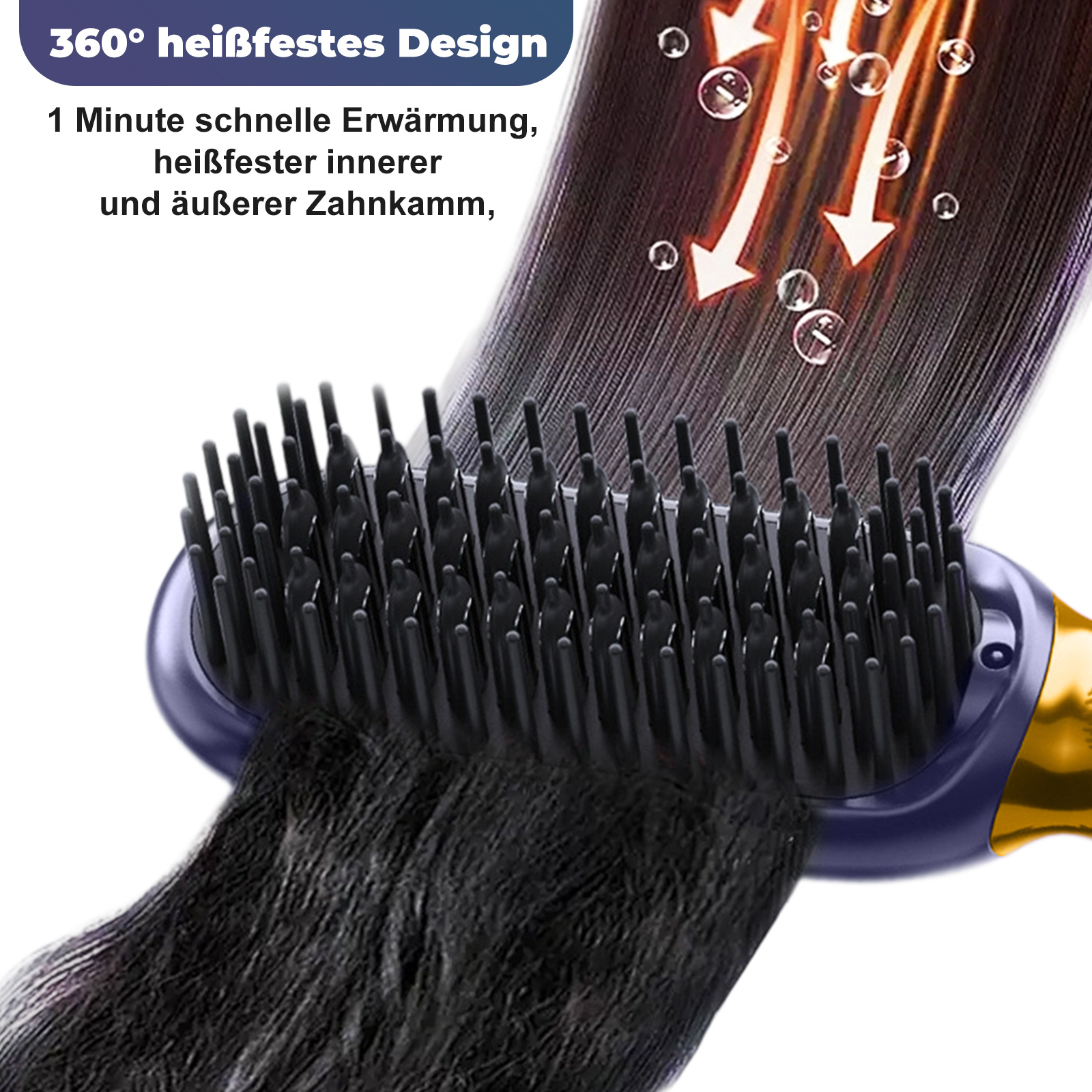 Haarglätterbürste mit dunklem Haar, das geglättet wird. Pfeile zeigen den Luftstrom an.