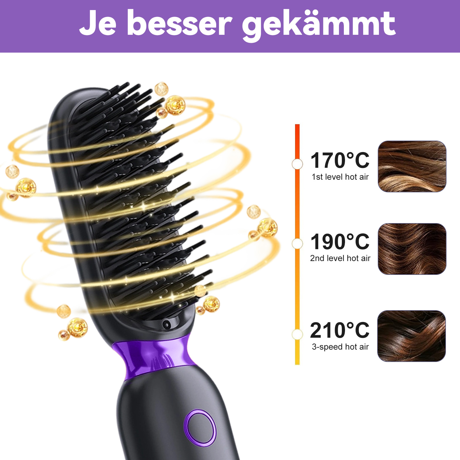 Haarglätterbürste mit Temperatureinstellungen und Haarproben, die verschiedene Hitzestufen zeigen.