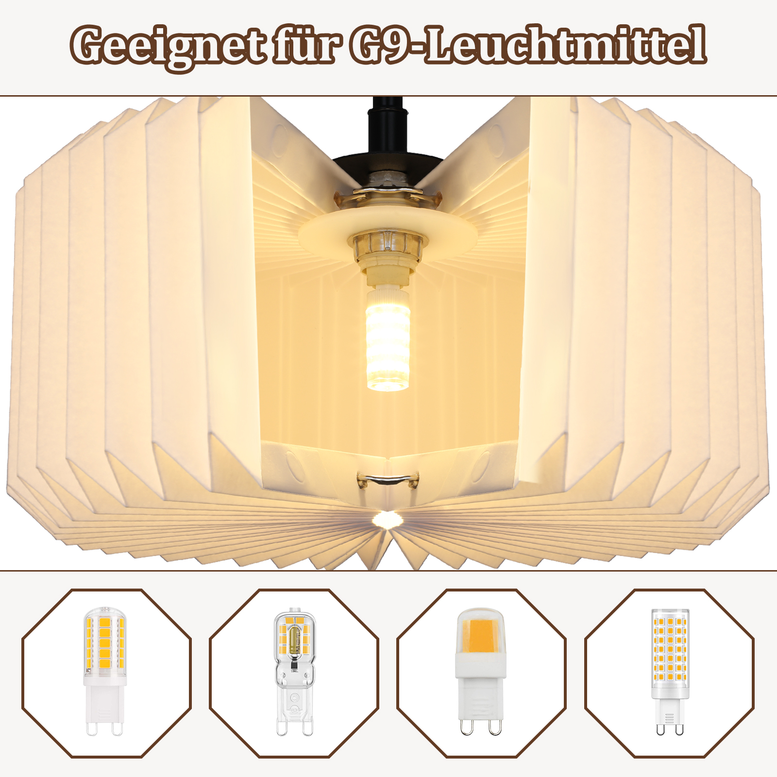 Primo piano di un apparecchio di illuminazione con una lampadina G9 e vari tipi di lampadine G9 sotto.