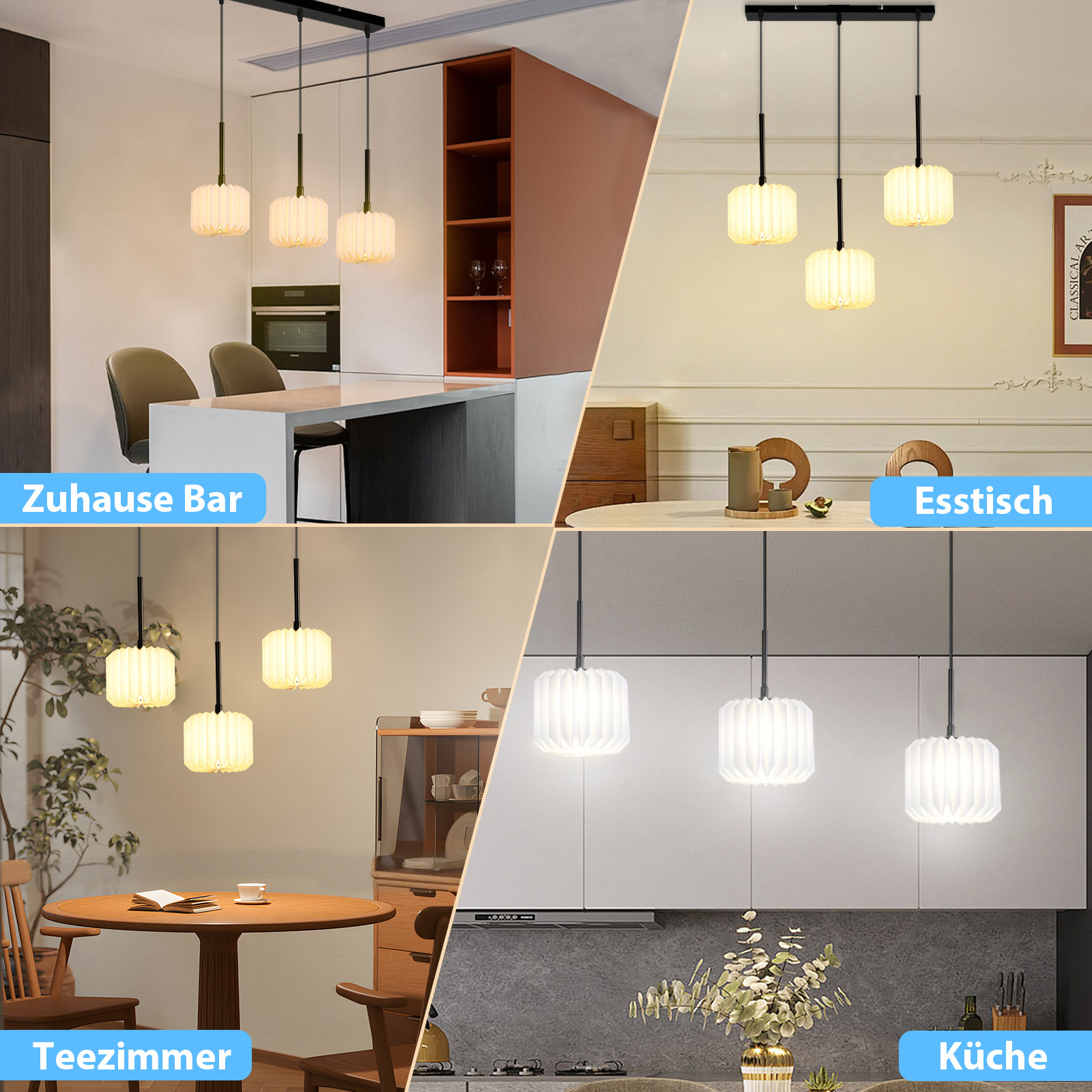 Cztery zdjęcia przedstawiające lampy wiszące w różnych kuchniach i jadalniach. Lampy są białe.