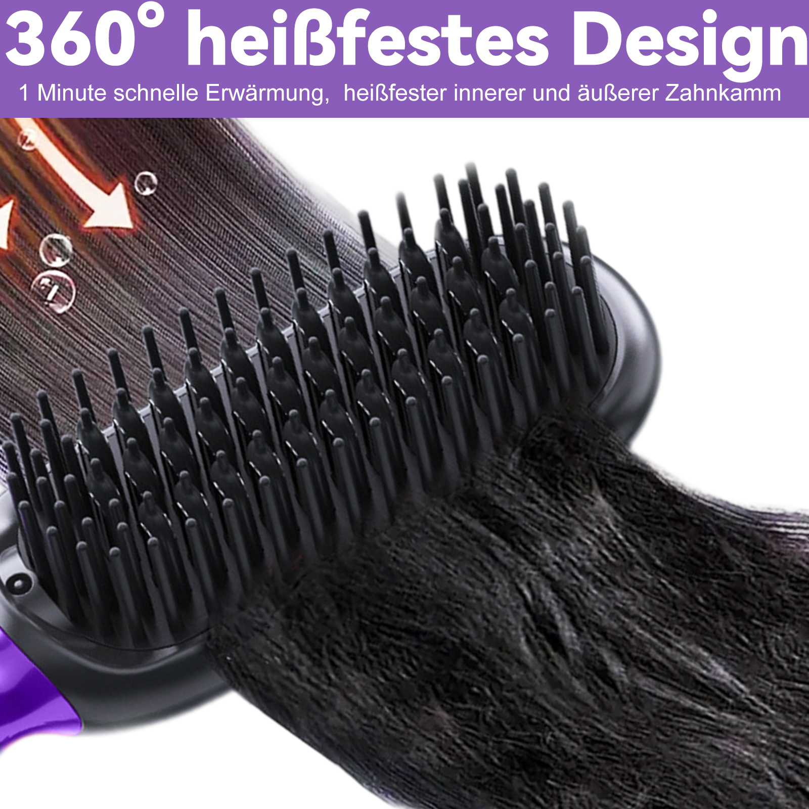 Nahaufnahme einer Haarglättungsbürste. Schwarzes Haar wird gebürstet. Pfeile zeigen Richtung und Hitze an.