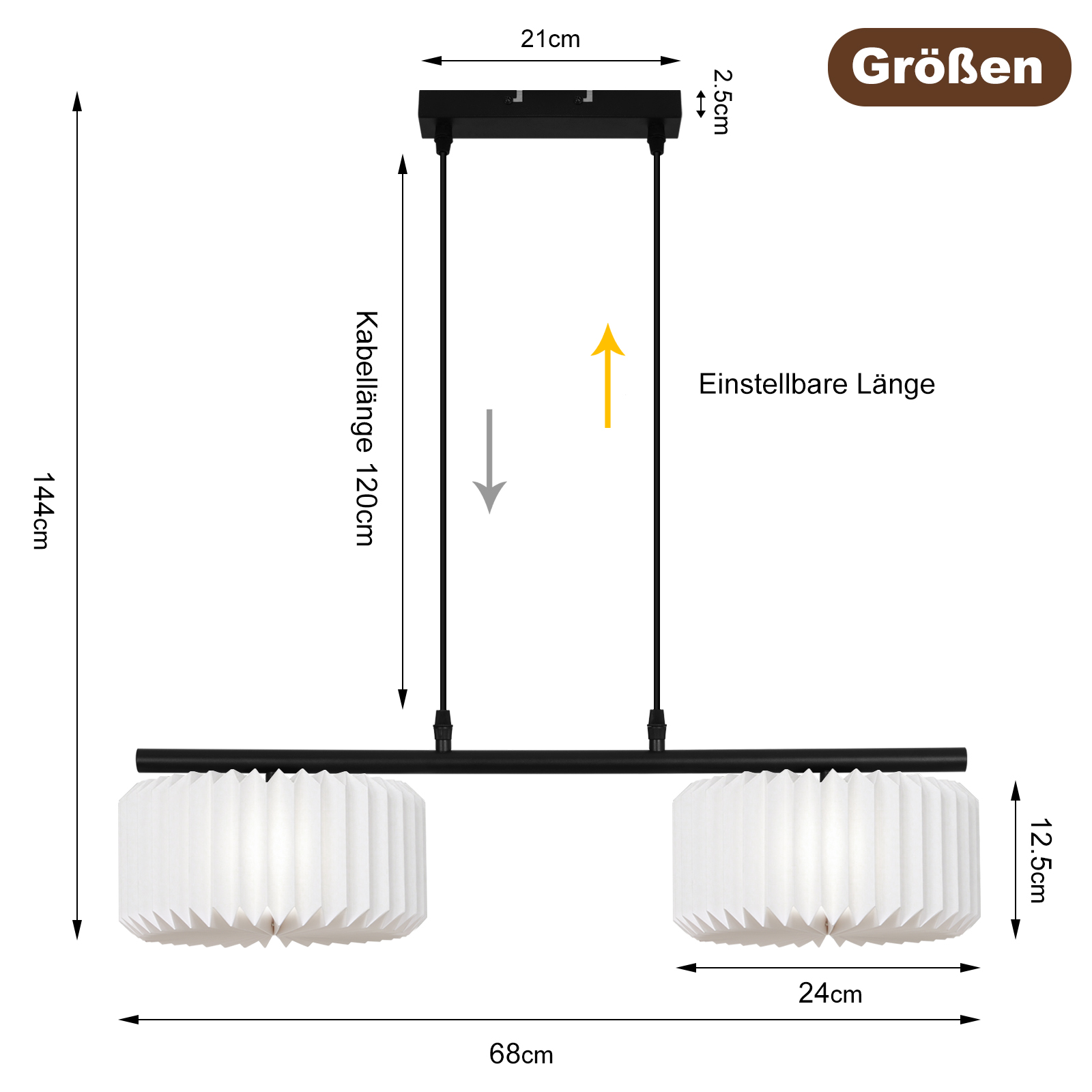 Schema di una lampada a sospensione a due luci con dimensioni. La lampada ha un paralume plissettato bianco.