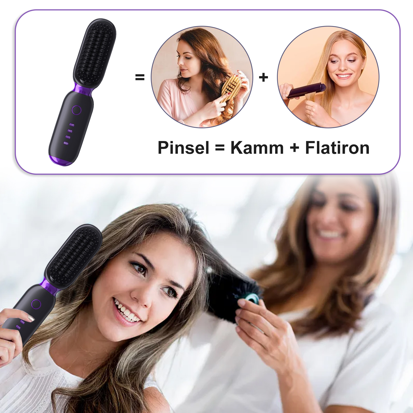 Eine Frau kämmt das Haar einer anderen Frau mit einer Kammbürste. Das Produkt ist eine Kombination.