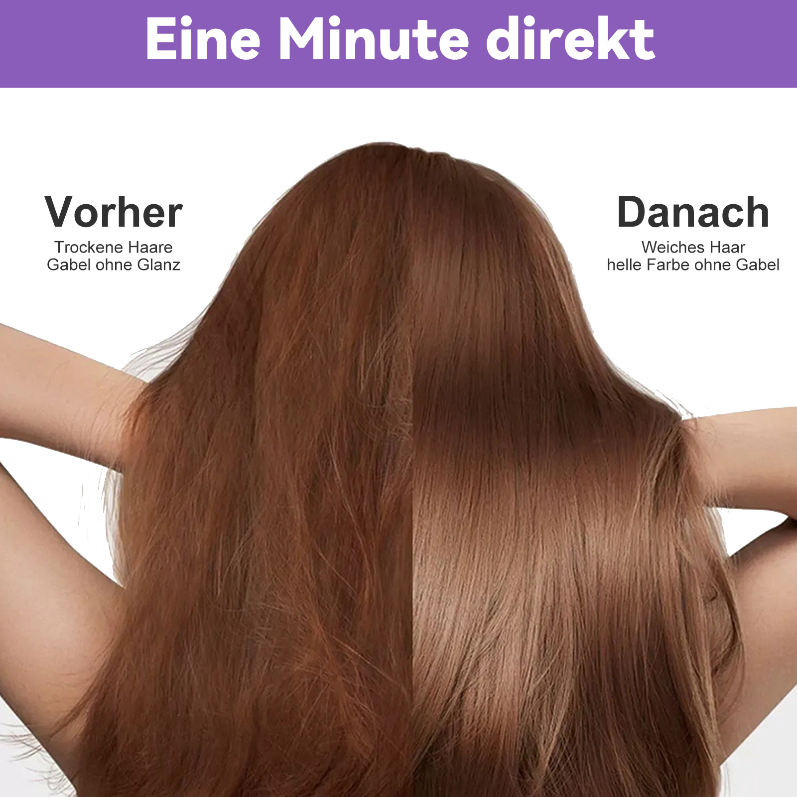 Ein geteiltes Bild zeigt das Haar vor und nach der Behandlung. Vorher, trockenes Haar. Nachher, weiches Haar mit heller Farbe.
